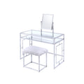 Glass and Metal Vanity Set With Faux Fur Stool, White and Silver