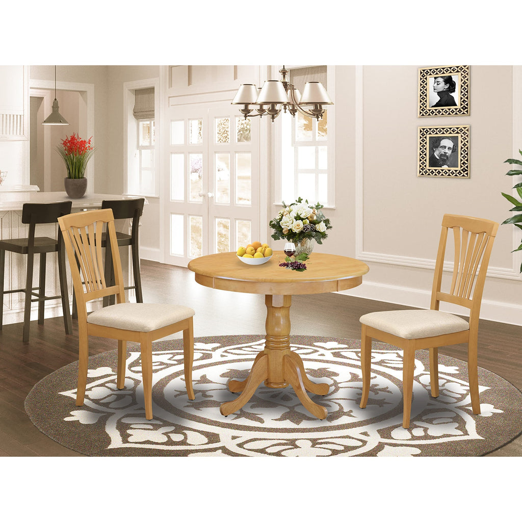East West Furniture ANAV3-OAK-C 3 Piece Dining Room Table Set Contains a Round Wooden Table with Pedestal and 2 Linen Fabric Kitchen Dining Chairs, 36x36 Inch, Oak