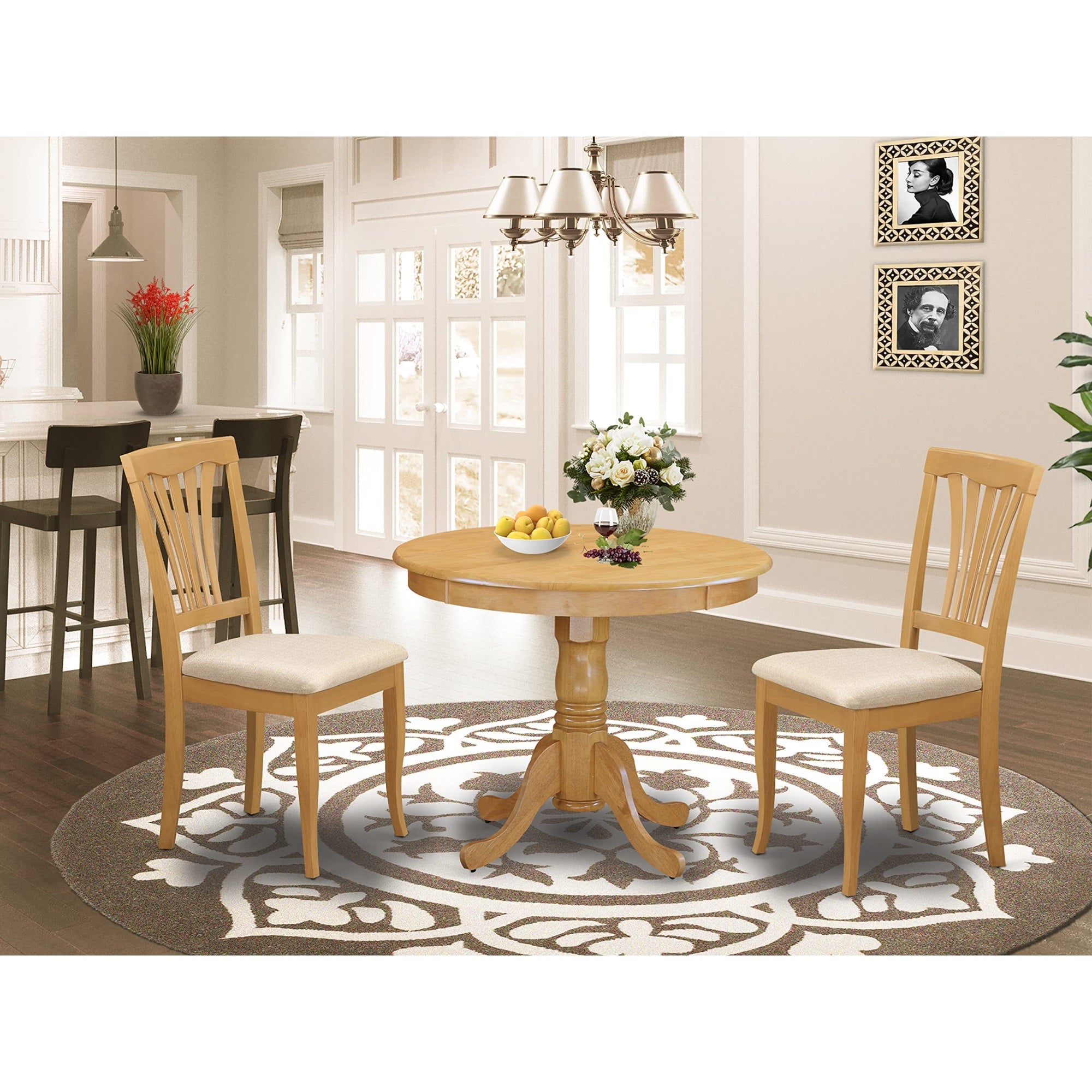 East West Furniture ANAV3-OAK-C 3 Piece Dining Room Table Set Contains a Round Wooden Table with Pedestal and 2 Linen Fabric Kitchen Dining Chairs, 36x36 Inch, Oak