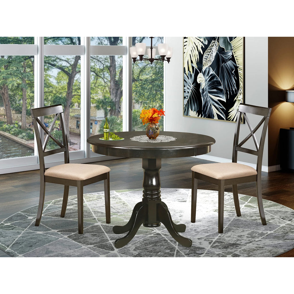 East West Furniture ANBO3-CAP-C 3 Piece Kitchen Table Set for Small Spaces Contains a Round Dining Table with Pedestal and 2 Linen Fabric Dining Room Chairs, 36x36 Inch, Cappuccino