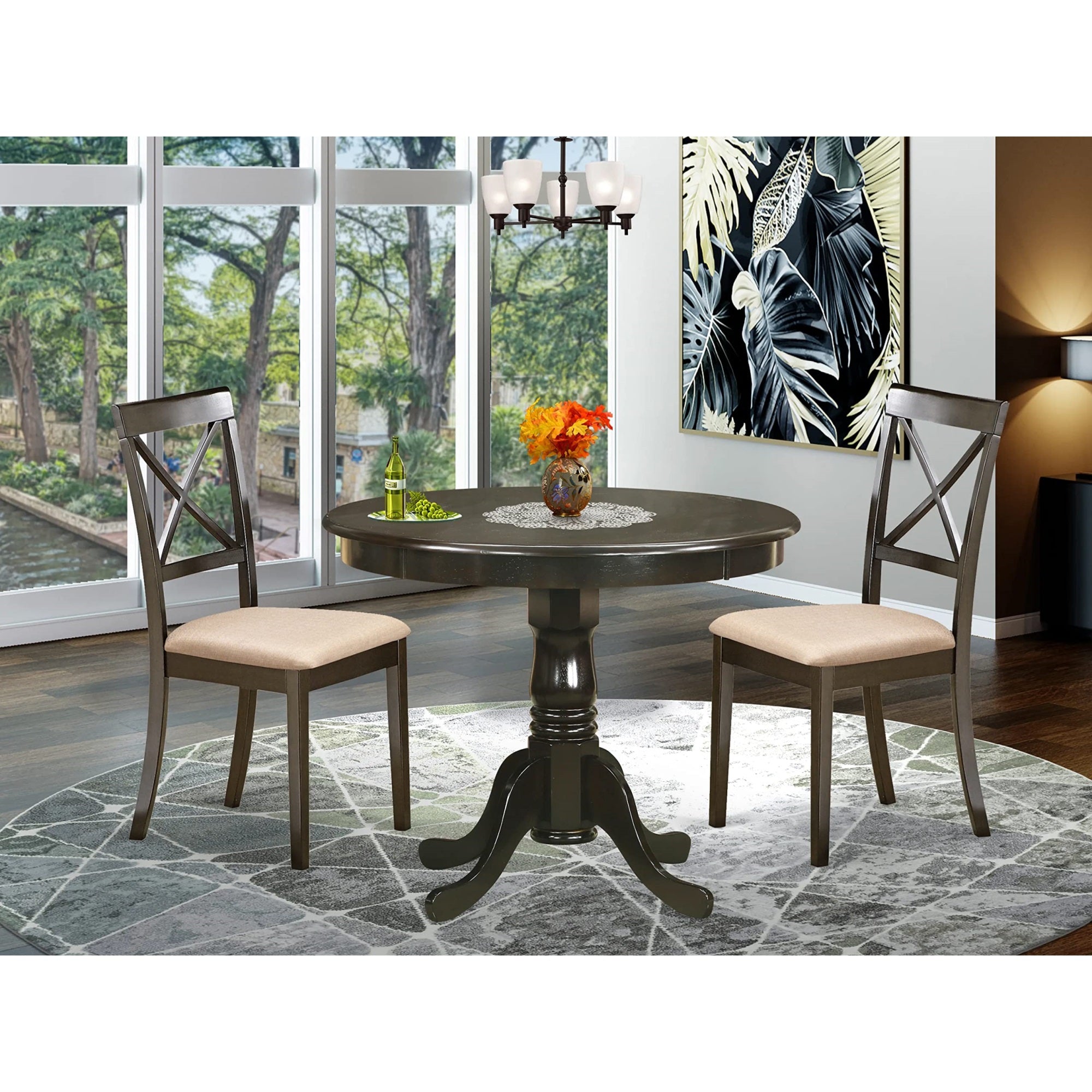 East West Furniture ANBO3-CAP-C 3 Piece Kitchen Table Set for Small Spaces Contains a Round Dining Table with Pedestal and 2 Linen Fabric Dining Room Chairs, 36x36 Inch, Cappuccino