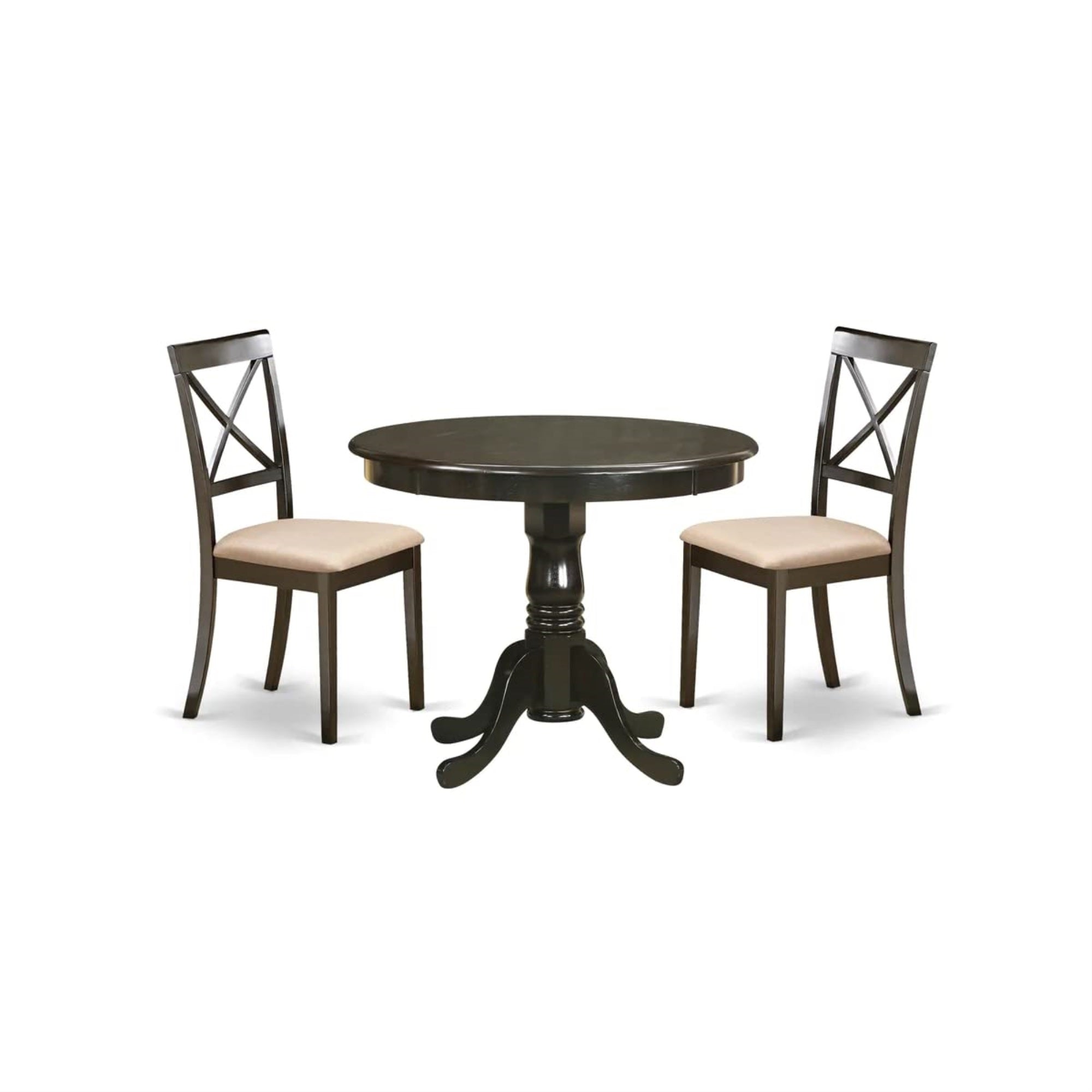 East West Furniture ANBO3-CAP-C 3 Piece Kitchen Table Set for Small Spaces Contains a Round Dining Table with Pedestal and 2 Linen Fabric Dining Room Chairs, 36x36 Inch, Cappuccino