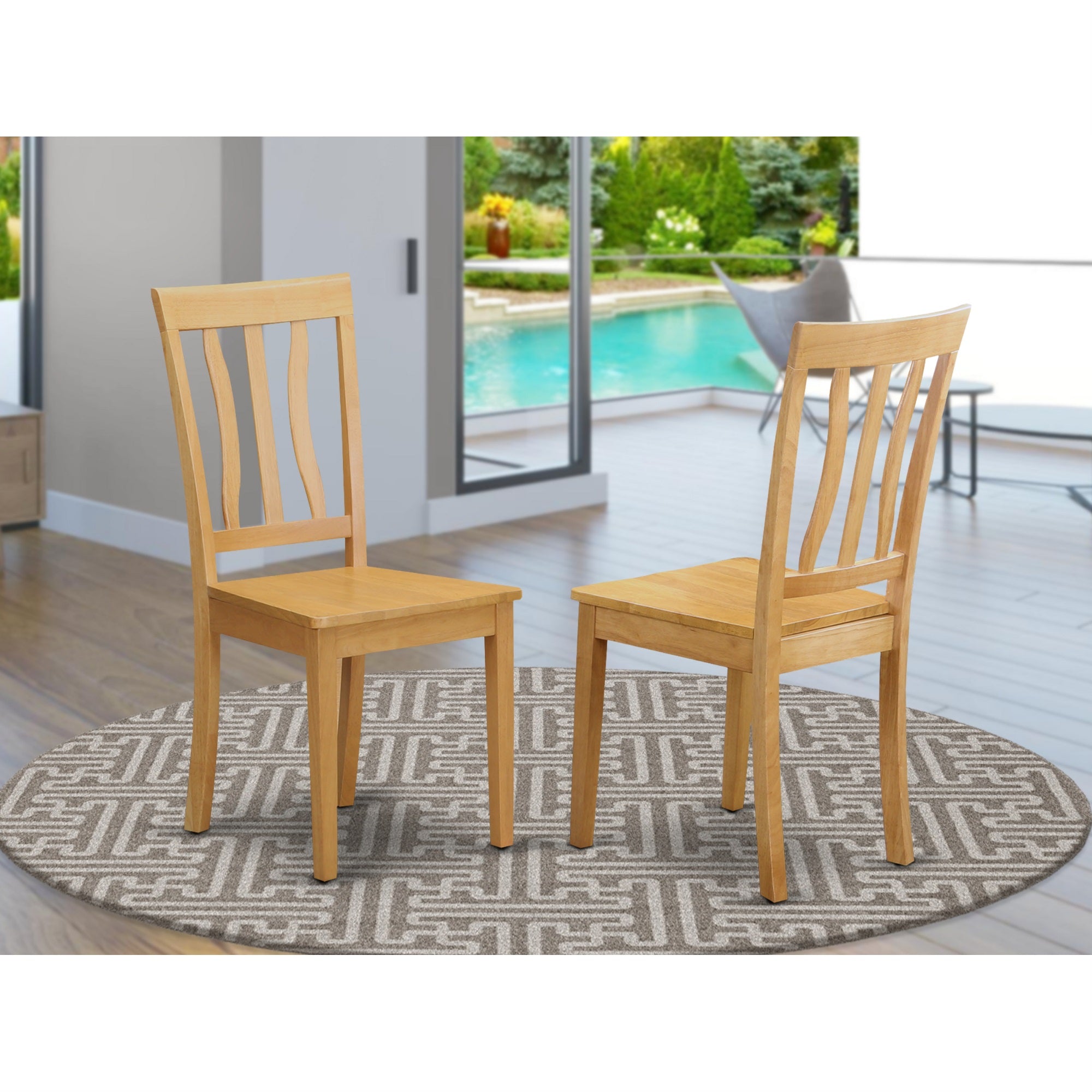 East West Furniture ANC-OAK-W Antique Dining Room Chairs - Slat Back Wooden Seat Chairs, Set of 2, Oak