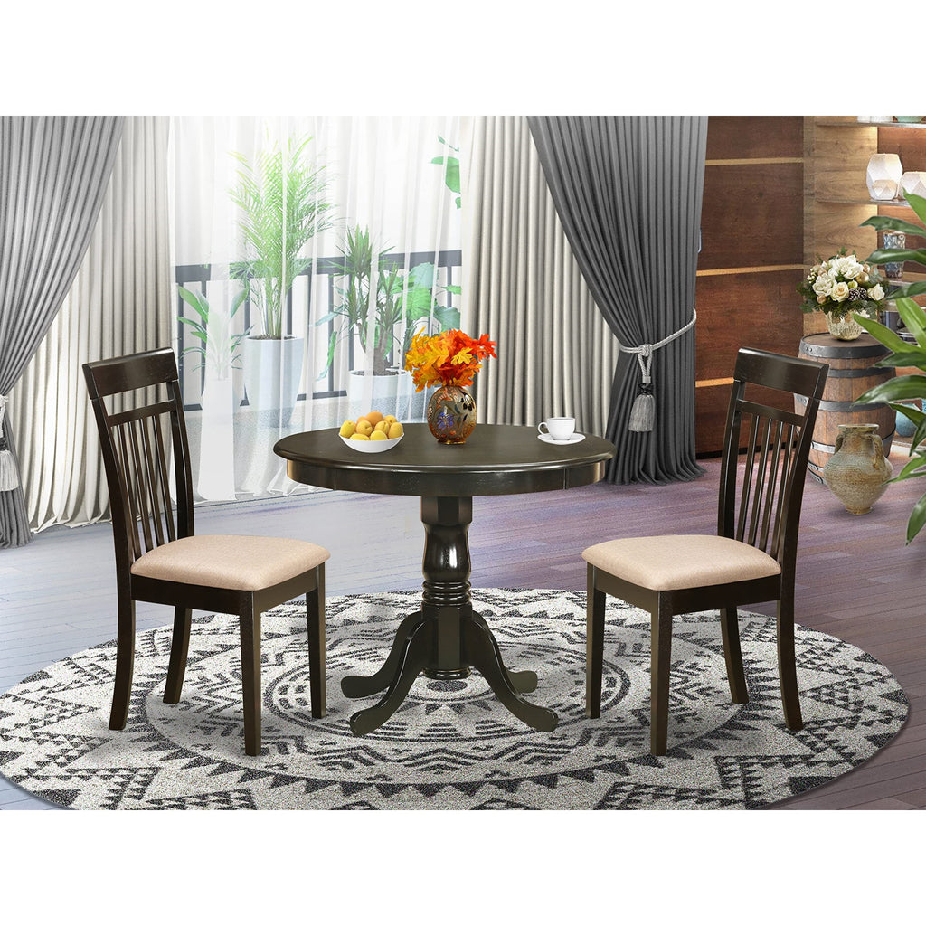 East West Furniture ANCA3-CAP-C 3 Piece Kitchen Table Set for Small Spaces Contains a Round Dining Table with Pedestal and 2 Linen Fabric Dining Room Chairs, 36x36 Inch, Cappuccino