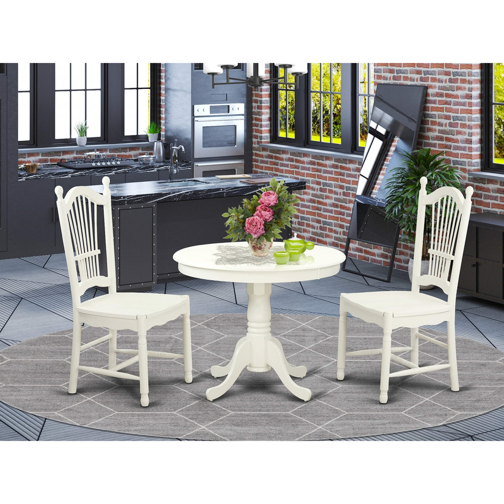 East West Furniture ANDO3-LWH-W 3 Piece Dinette Set for Small Spaces Contains a Round Kitchen Table with Pedestal and 2 Dining Chairs, 36x36 Inch, Linen White