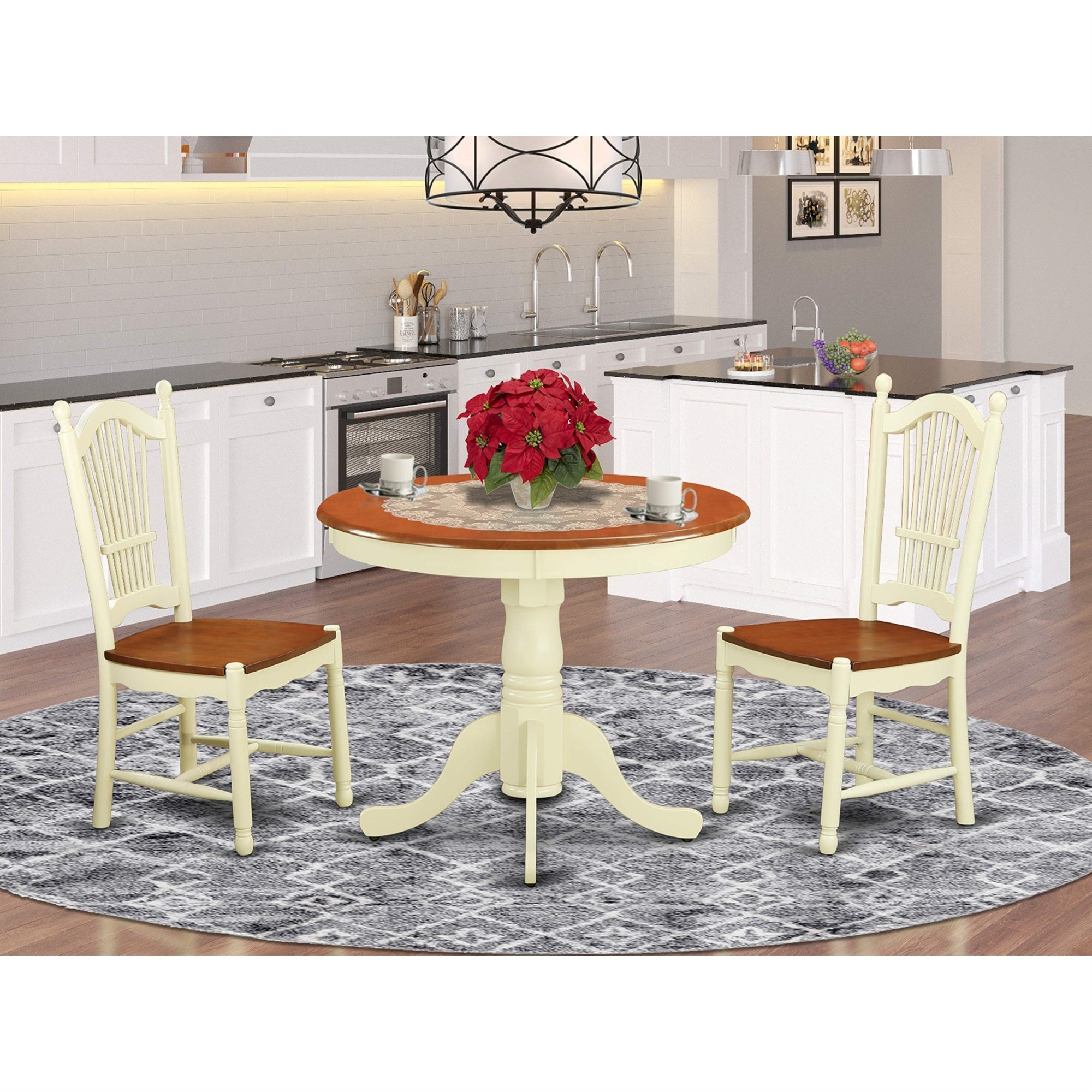 East West Furniture ANDO3-WHI-W 3 Piece Kitchen Table & Chairs Set Contains a Round Dining Room Table with Pedestal and 2 Solid Wood Seat Chairs, 36x36 Inch, Buttermilk & Cherry
