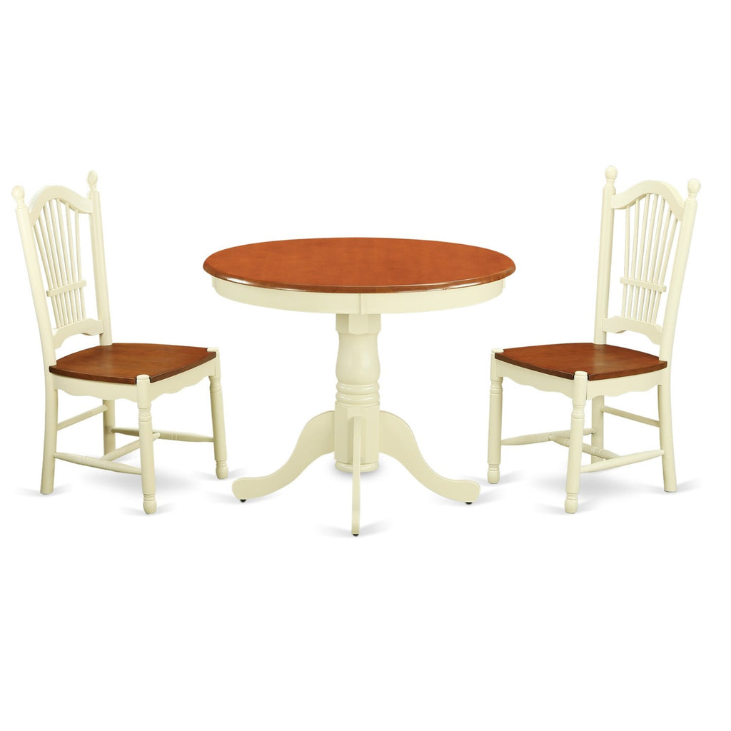 East West Furniture ANDO3-WHI-W 3 Piece Kitchen Table & Chairs Set Contains a Round Dining Room Table with Pedestal and 2 Solid Wood Seat Chairs, 36x36 Inch, Buttermilk & Cherry
