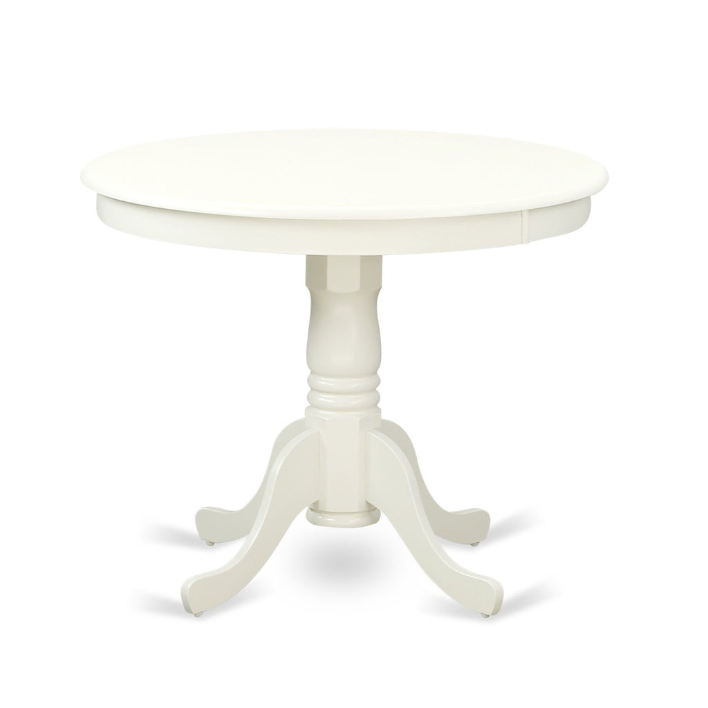 East West Furniture ANGR5-LWH-W 5 Piece Dining Table Set for 4 Includes a Round Kitchen Table with Pedestal and 4 Dining Room Chairs, 36x36 Inch, Linen White