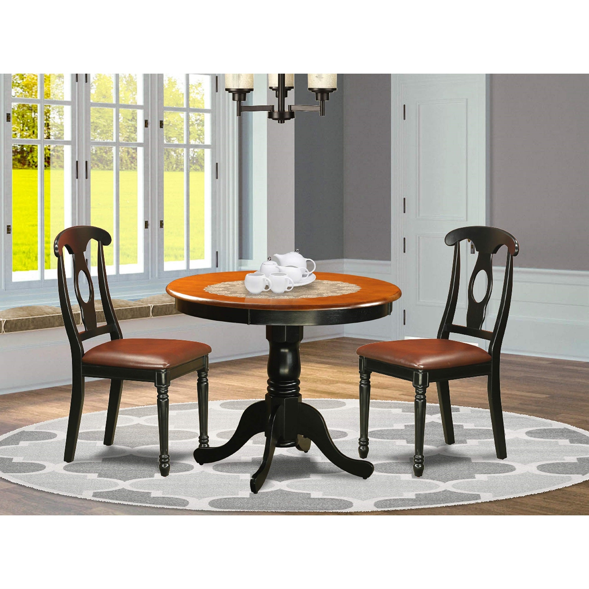 East West Furniture ANKE3-BLK-LC 3 Piece Dining Room Table Set Contains a Round Kitchen Table with Pedestal and 2 Faux Leather Upholstered Dining Chairs, 36x36 Inch, Black & Cherry
