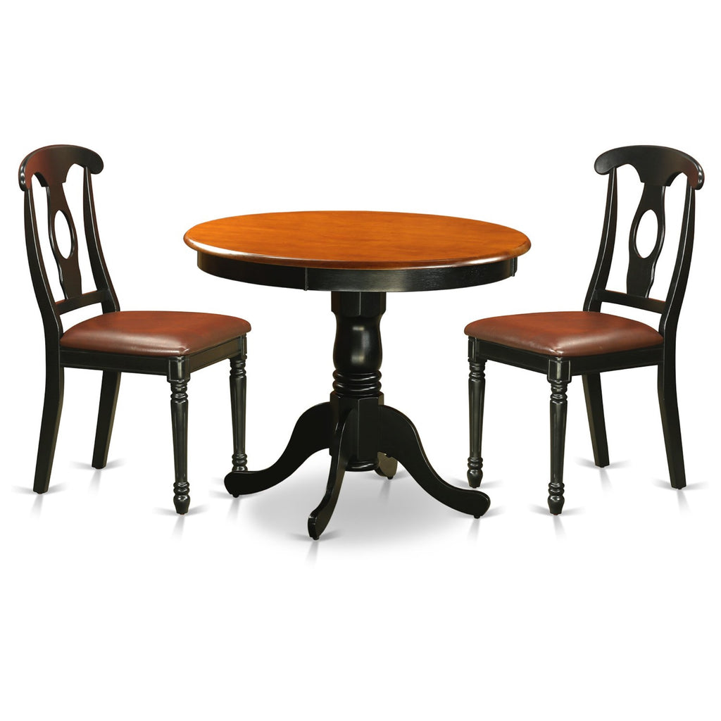 East West Furniture ANKE3-BLK-LC 3 Piece Dining Room Table Set Contains a Round Kitchen Table with Pedestal and 2 Faux Leather Upholstered Dining Chairs, 36x36 Inch, Black & Cherry