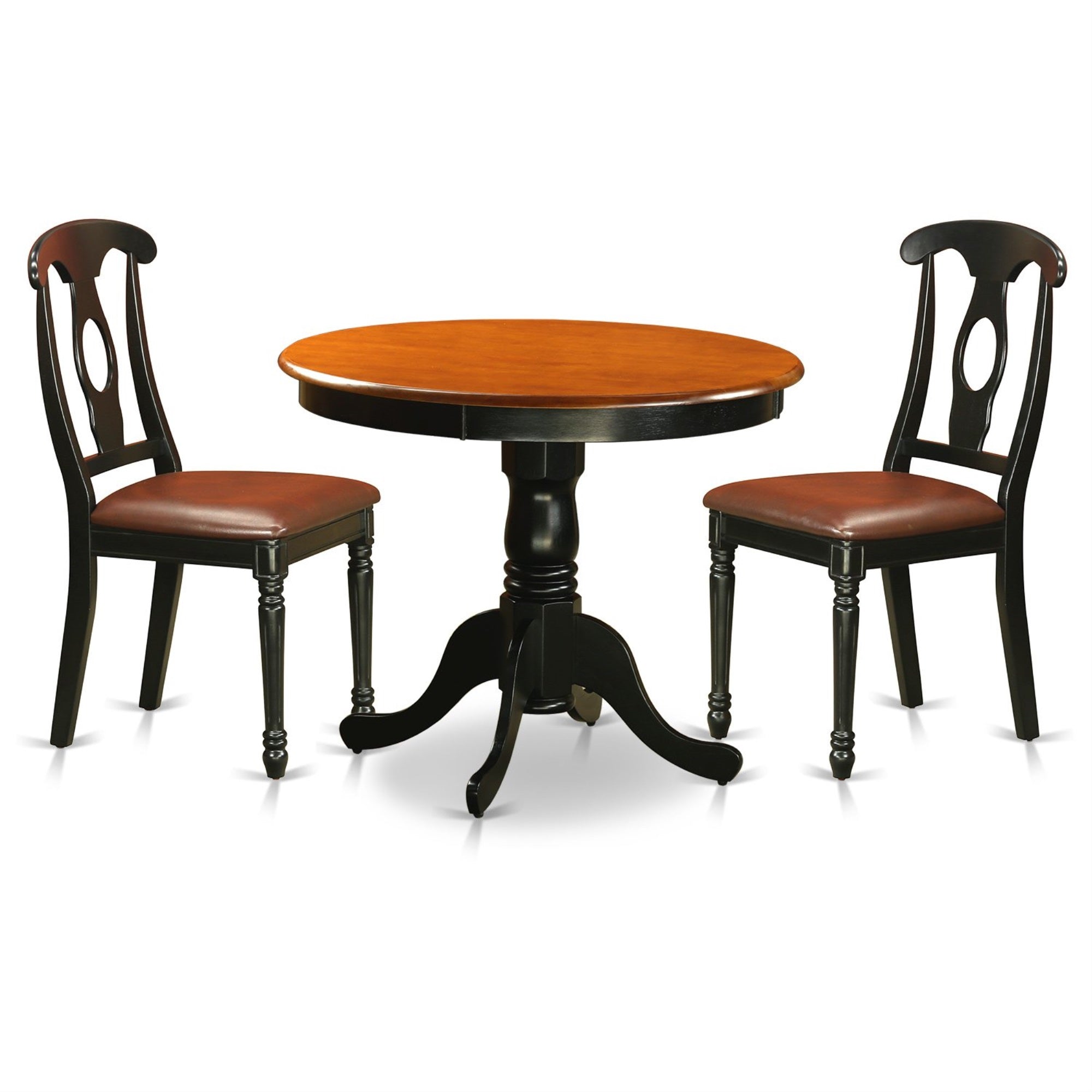 East West Furniture ANKE3-BLK-LC 3 Piece Dining Room Table Set Contains a Round Kitchen Table with Pedestal and 2 Faux Leather Upholstered Dining Chairs, 36x36 Inch, Black & Cherry