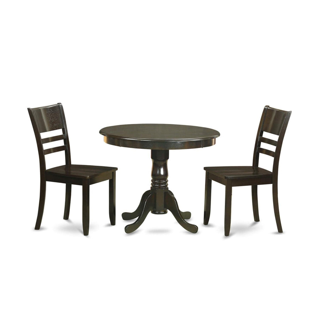 East West Furniture ANLY3-CAP-W 3 Piece Kitchen Table & Chairs Set Contains a Round Dining Room Table with Pedestal and 2 Dining Room Chairs, 36x36 Inch, Cappuccino