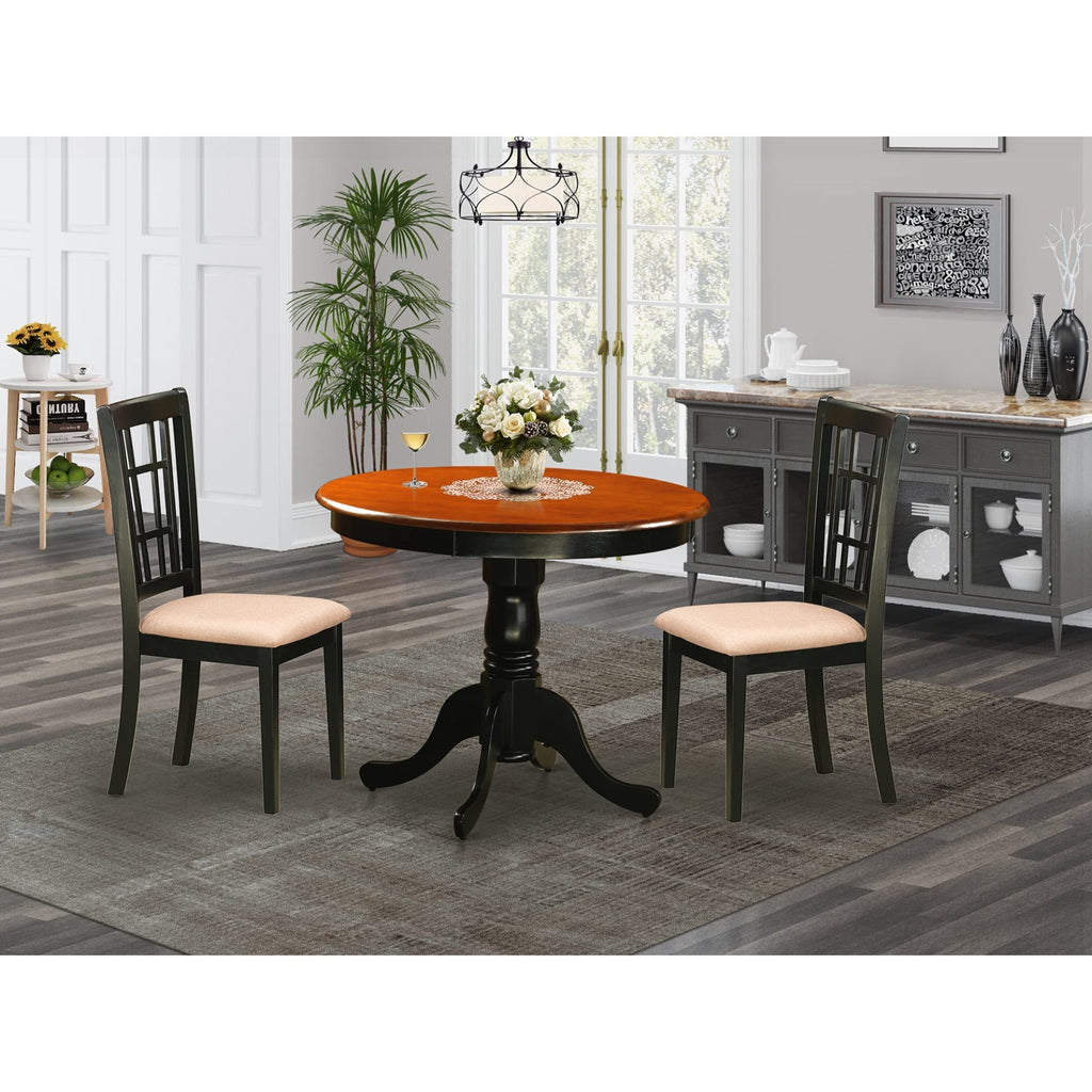 East West Furniture ANNI3-BLK-C 3 Piece Dining Table Set for Small Spaces Contains a Round Kitchen Table with Pedestal and 2 Linen Fabric Upholstered Chairs, 36x36 Inch, Black & Cherry
