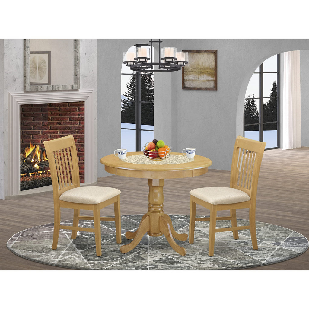 East West Furniture ANNO3-OAK-C 3 Piece Kitchen Table Set for Small Spaces Contains a Round Dining Room Table with Pedestal and 2 Linen Fabric Upholstered Chairs, 36x36 Inch, Oak