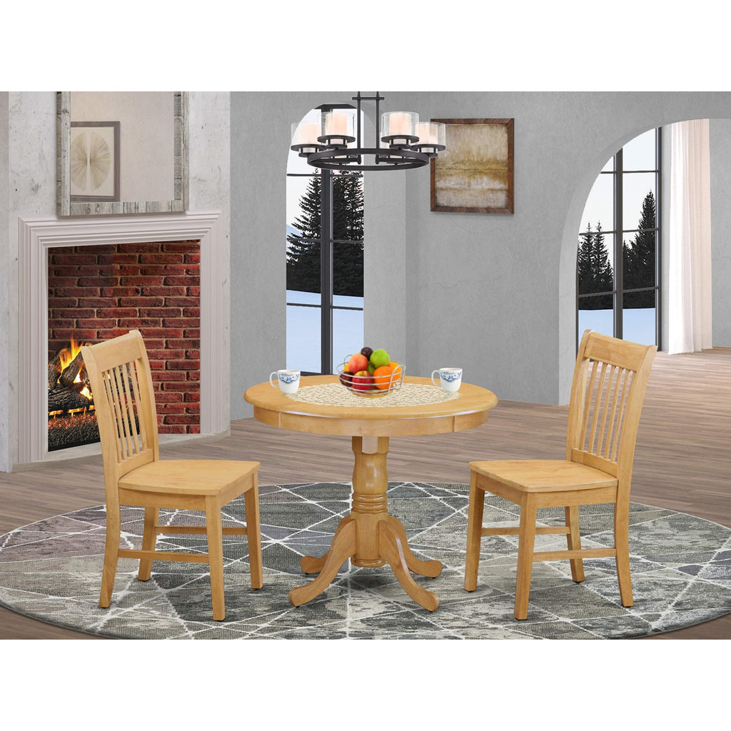 East West Furniture ANNO3-OAK-W 3 Piece Dining Room Table Set Contains a Round Wooden Table with Pedestal and 2 Kitchen Dining Chairs, 36x36 Inch, Oak