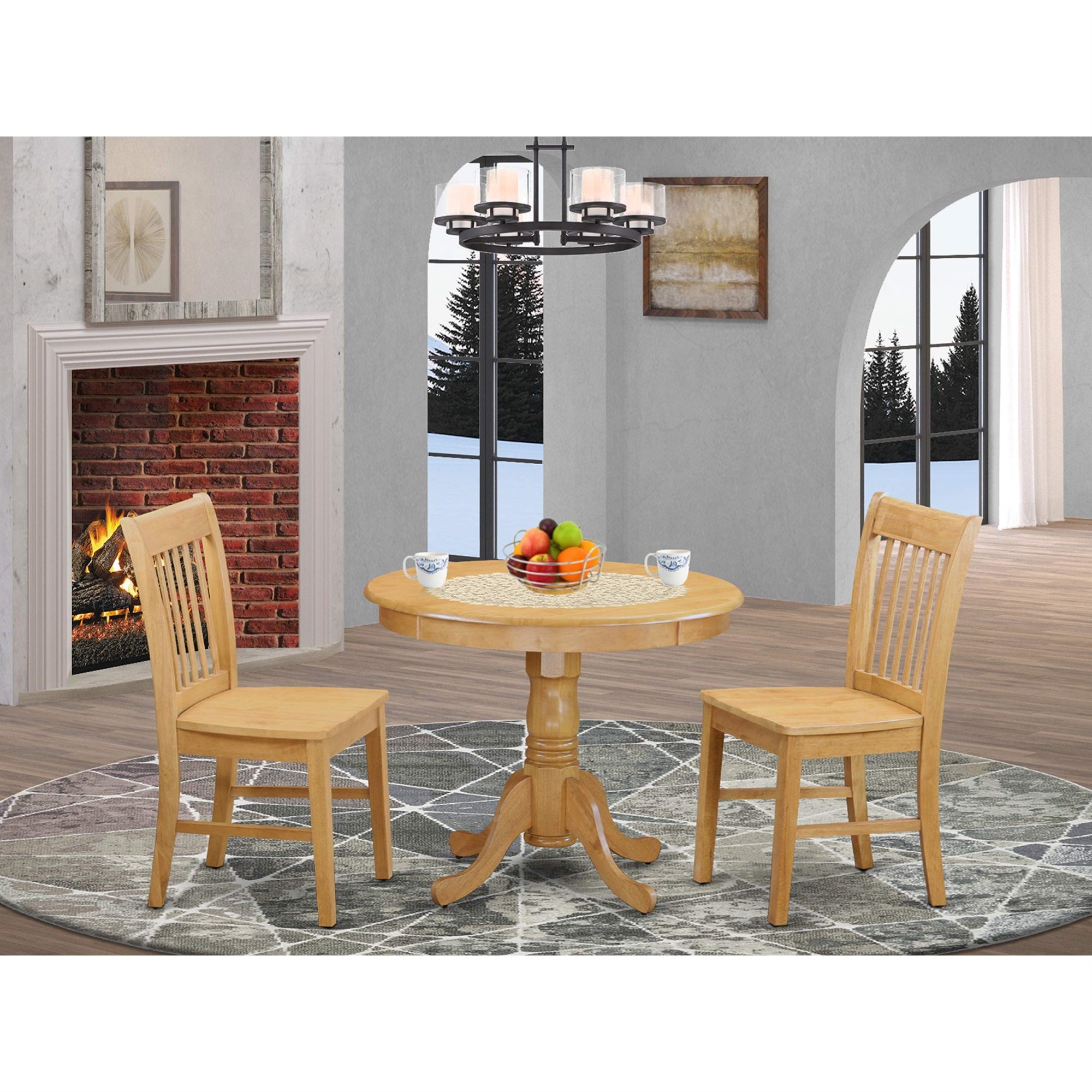 East West Furniture ANNO3-OAK-W 3 Piece Dining Room Table Set Contains a Round Wooden Table with Pedestal and 2 Kitchen Dining Chairs, 36x36 Inch, Oak