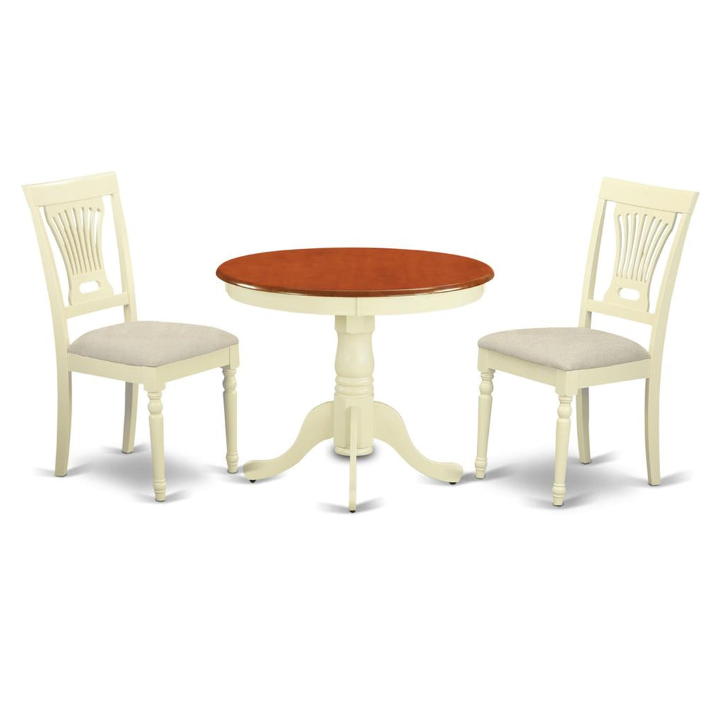 East West Furniture ANPL3-WHI-C 3 Piece Dining Table Set for Small Spaces Contains a Round Kitchen Table with Pedestal and 2 Linen Fabric Kitchen Dining Chairs, 36x36 Inch, Buttermilk & Cherry
