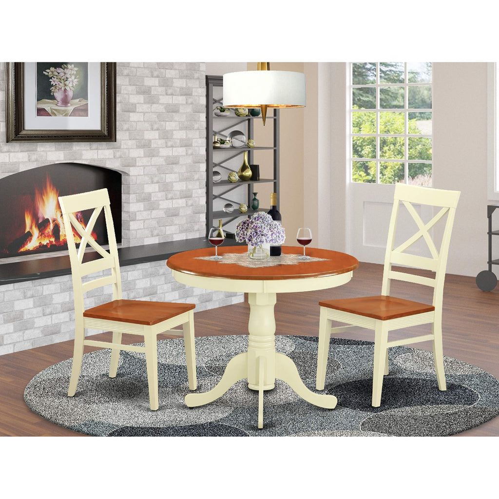East West Furniture ANQU3-WHI-W 3 Piece Dining Set Contains a Round Dining Room Table with Pedestal and 2 Wood Seat Chairs, 36x36 Inch, Buttermilk & Cherry