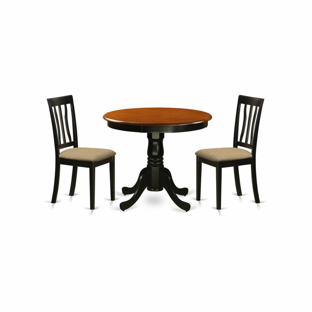 East West Furniture ANTI3-BLK-C 3 Piece Kitchen Table Set for Small Spaces Contains a Round Dining Room Table with Pedestal and 2 Linen Fabric Upholstered Chairs, 36x36 Inch, Black & Cherry