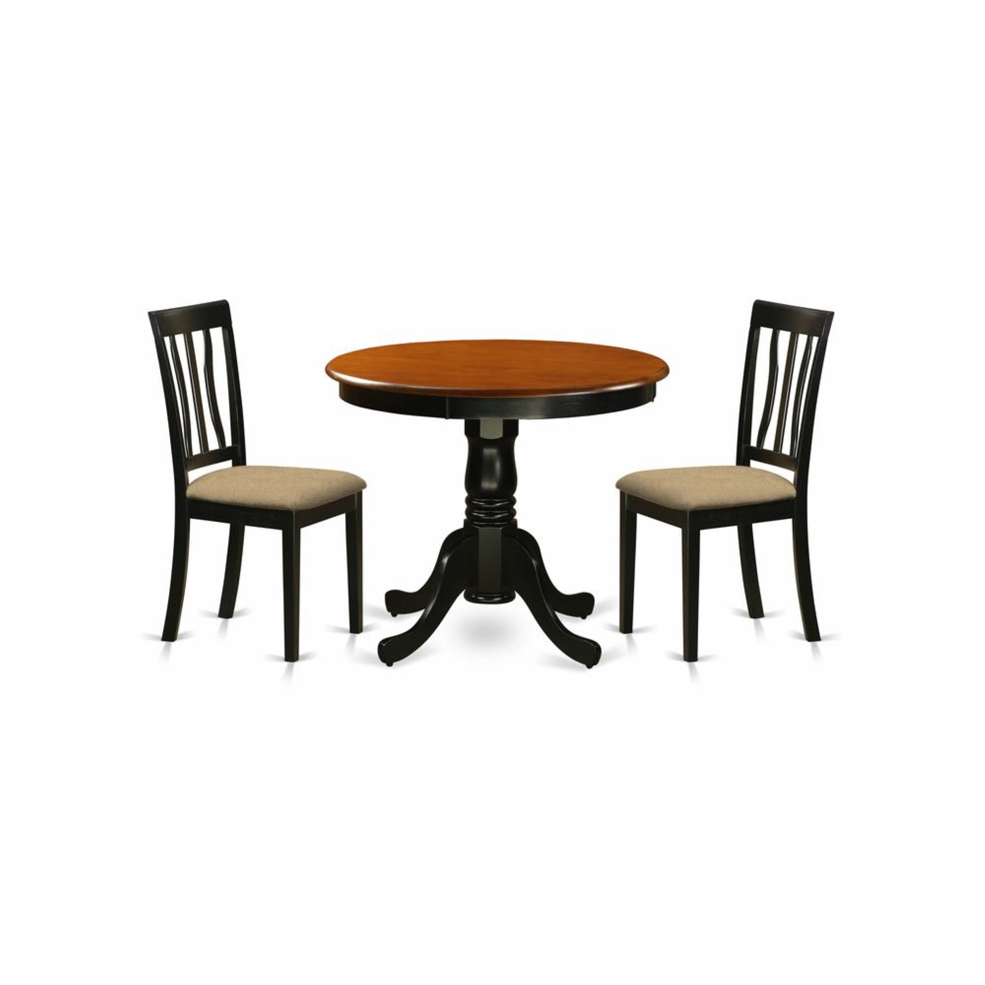 East West Furniture ANTI3-BLK-C 3 Piece Kitchen Table Set for Small Spaces Contains a Round Dining Room Table with Pedestal and 2 Linen Fabric Upholstered Chairs, 36x36 Inch, Black & Cherry