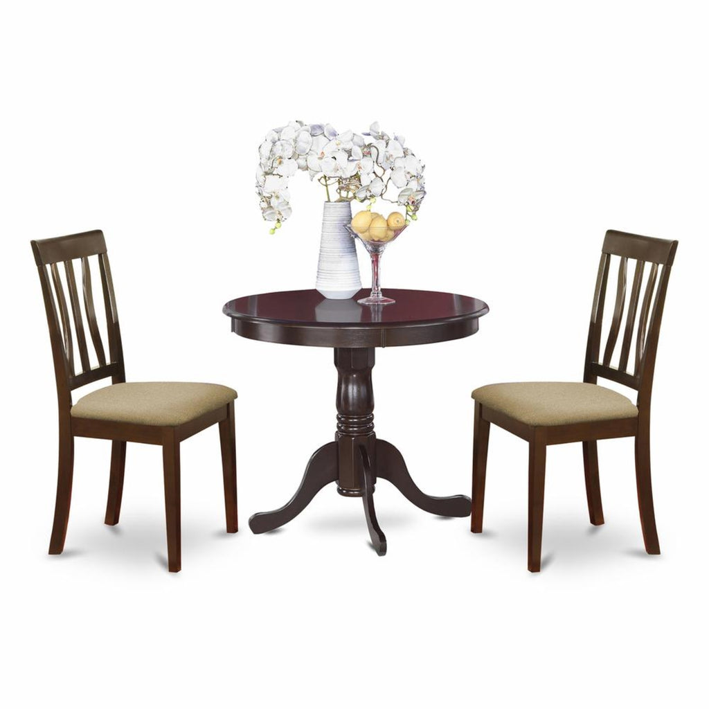East West Furniture ANTI3-CAP-C 3 Piece Dining Room Table Set Contains a Round Kitchen Table with Pedestal and 2 Linen Fabric Upholstered Dining Chairs, 36x36 Inch, Cappuccino