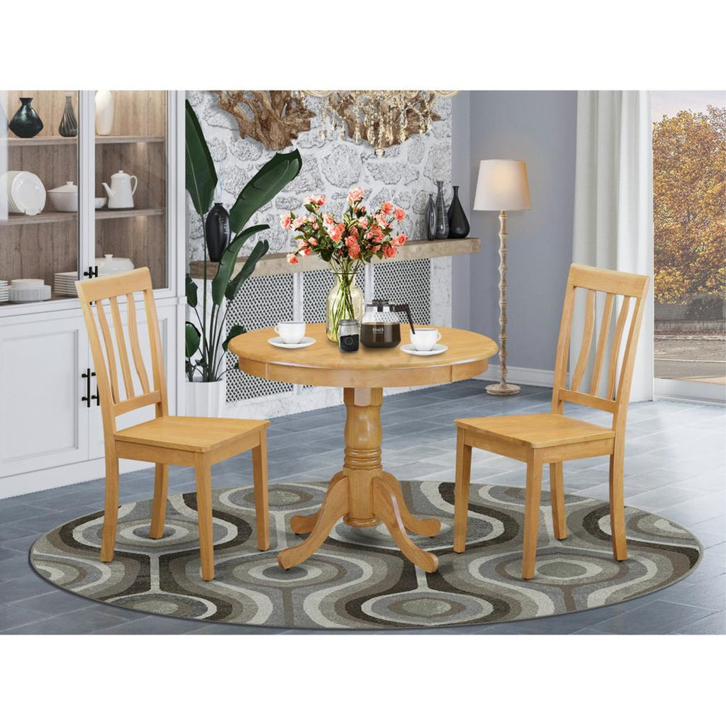 East West Furniture ANTI3-OAK-W 3 Piece Dining Set Contains a Round Kitchen Table with Pedestal and 2 Dining Room Chairs, 36x36 Inch, Oak