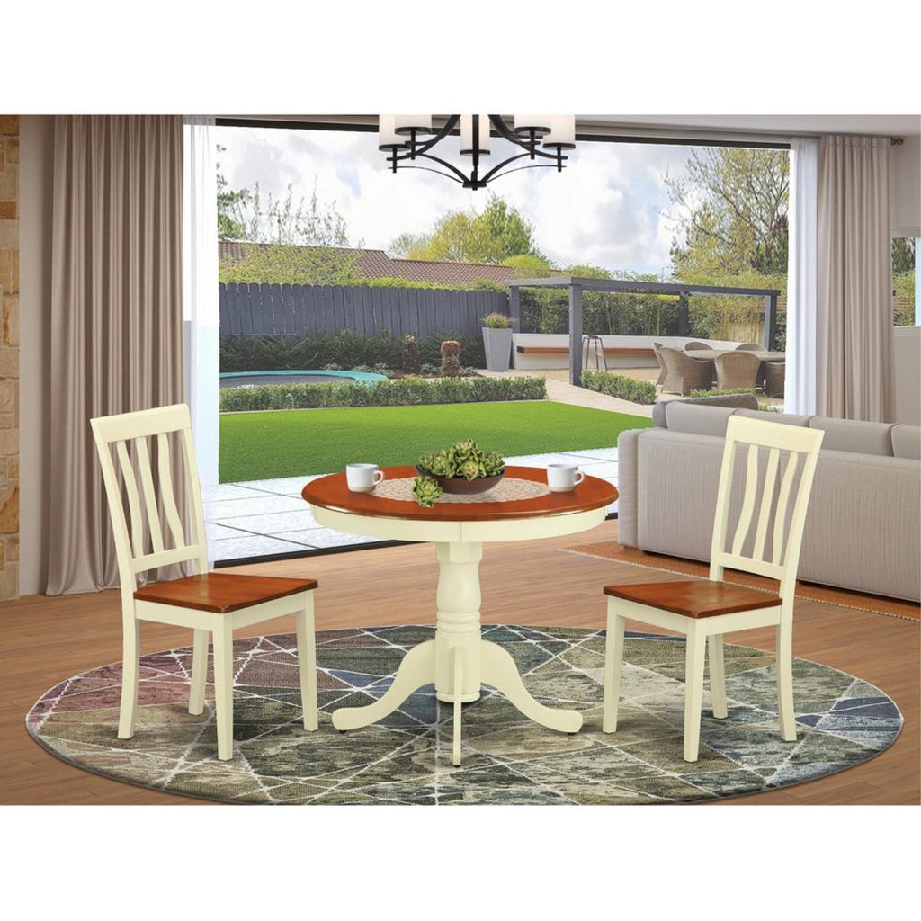 East West Furniture ANTI3-WHI-W 3 Piece Dining Table Set for Small Spaces Contains a Round Kitchen Table with Pedestal and 2 Dining Chairs, 36x36 Inch, Buttermilk & Cherry