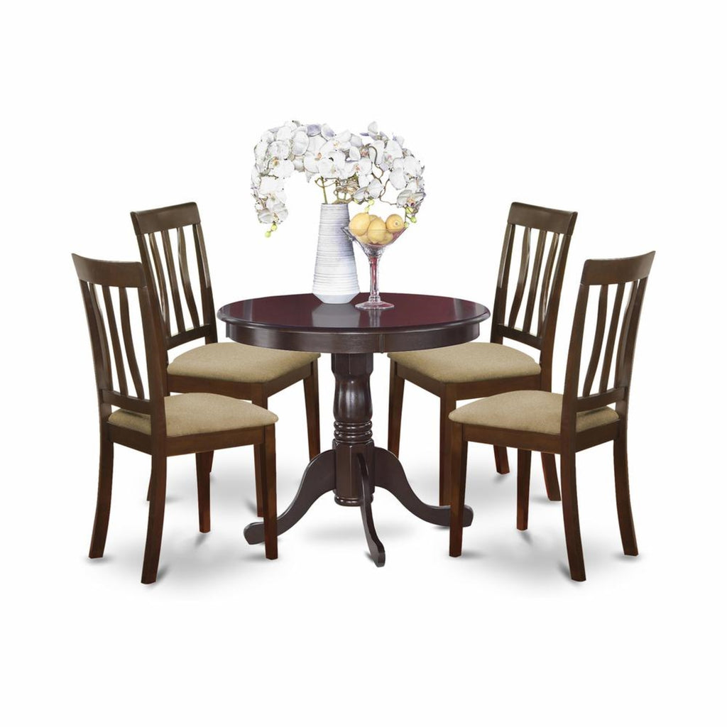 East West Furniture ANTI5-CAP-C 5 Piece Kitchen Table & Chairs Set Includes a Round Dining Room Table with Pedestal and 4 Linen Fabric Upholstered Dining Chairs, 36x36 Inch, Cappuccino