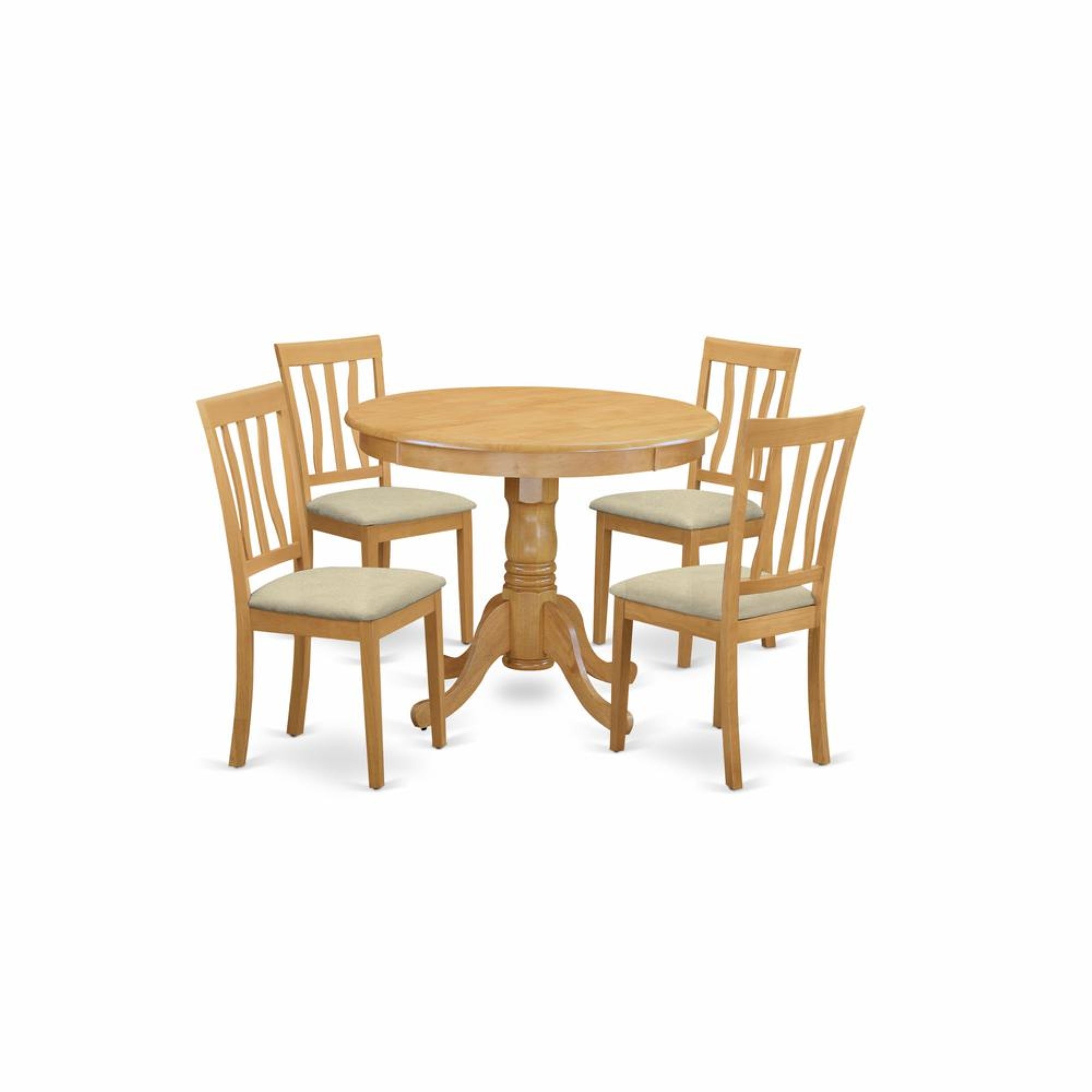 East West Furniture ANTI5-OAK-C 5 Piece Dining Room Table Set Includes a Round Wooden Table with Pedestal and 4 Linen Fabric Kitchen Dining Chairs, 36x36 Inch, Oak