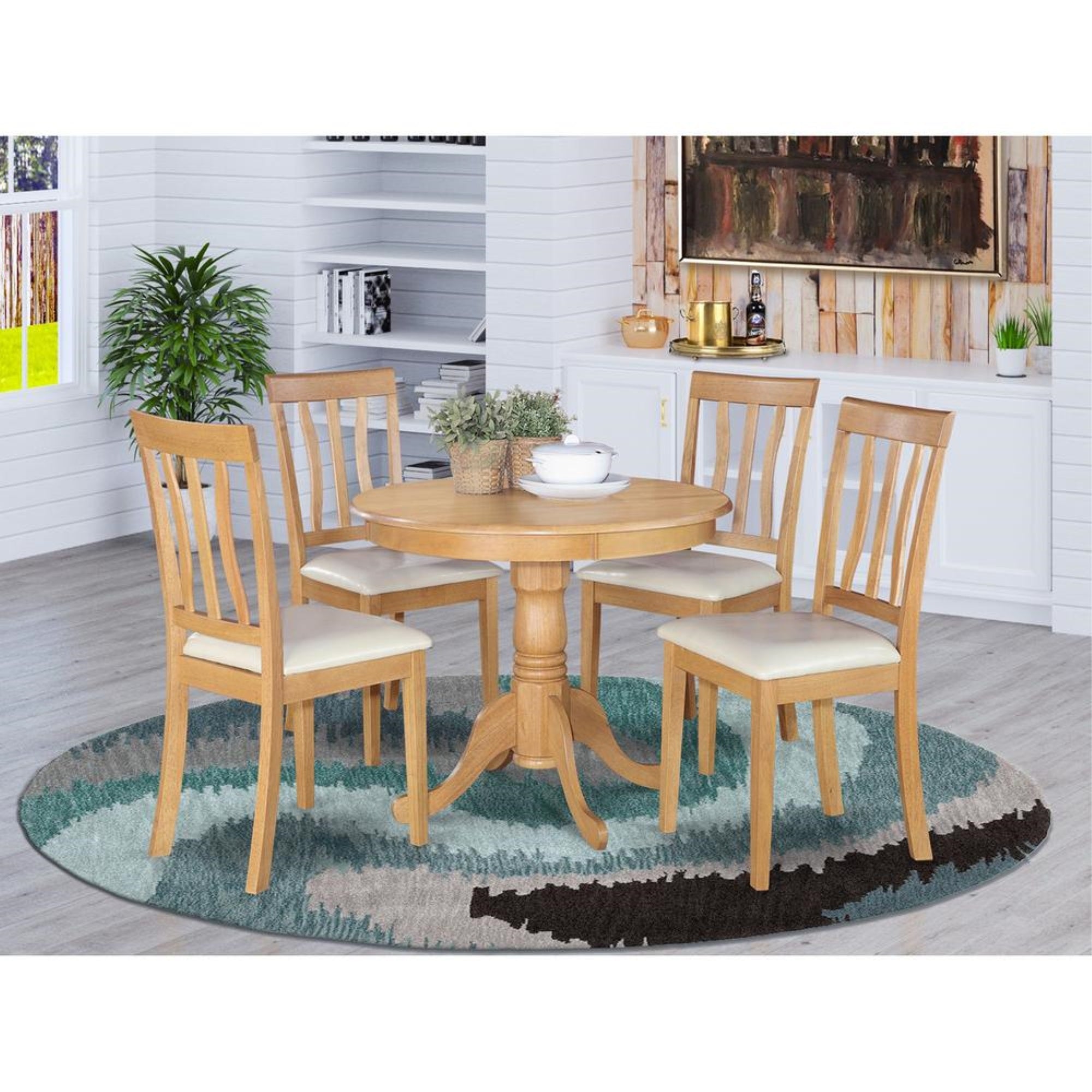East West Furniture Antique 5 Piece Room Furniture Set Includes a Round Kitchen Table with Pedestal and 4 Faux Leather Upholster