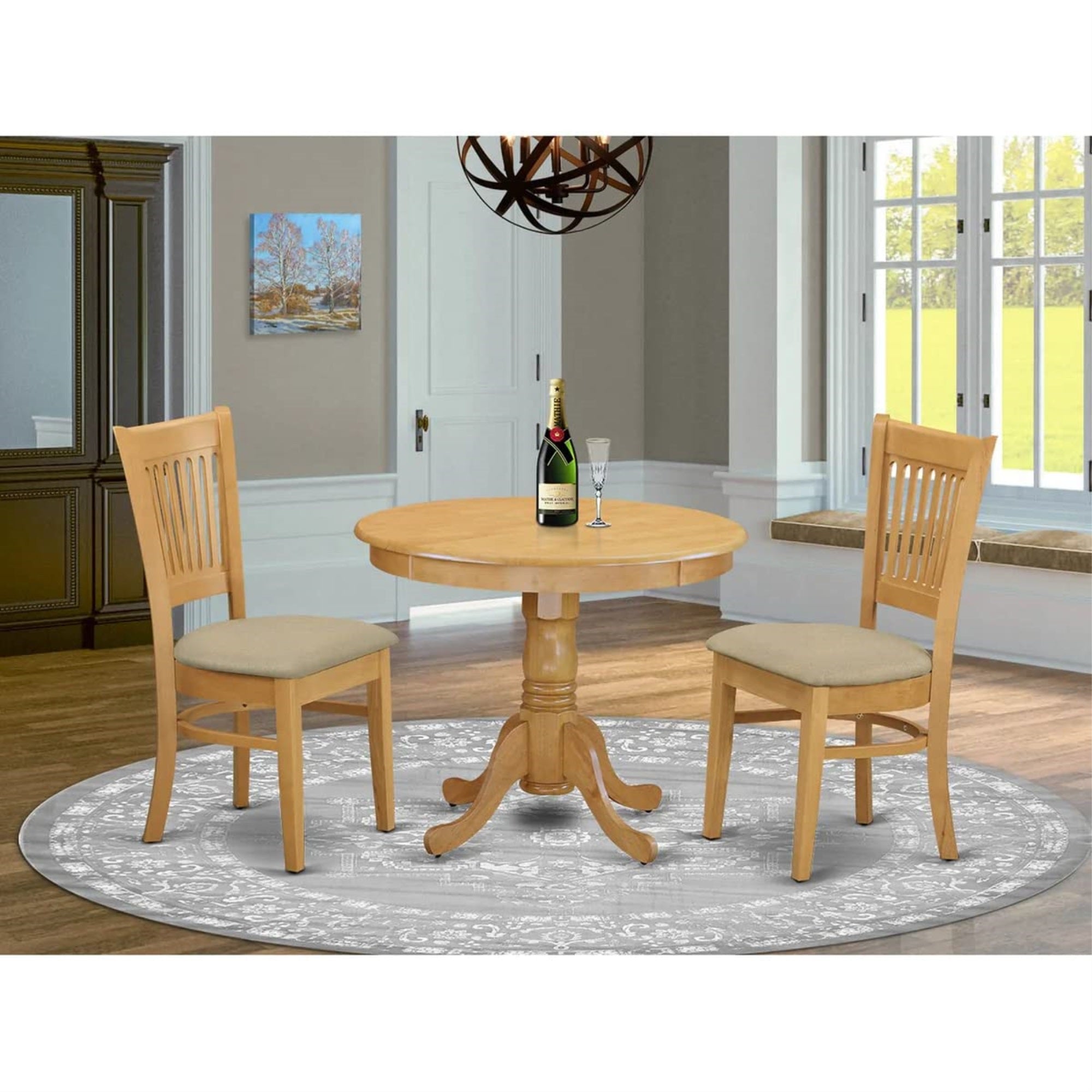 East West Furniture ANVA3-OAK-C 3 Piece Kitchen Table Set for Small Spaces Contains a Round Dining Room Table with Pedestal and 2 Linen Fabric Upholstered Chairs, 36x36 Inch, Oak