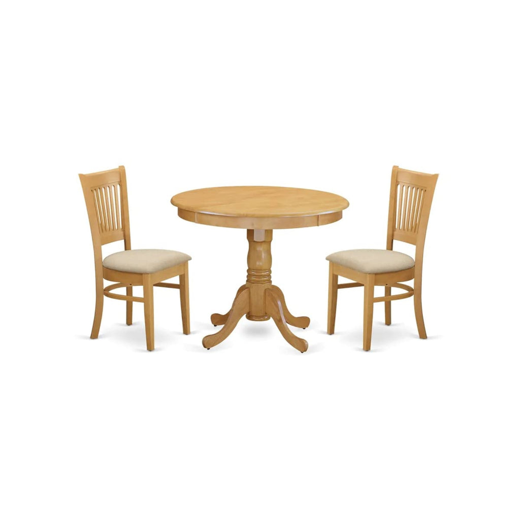 East West Furniture ANVA3-OAK-C 3 Piece Kitchen Table Set for Small Spaces Contains a Round Dining Room Table with Pedestal and 2 Linen Fabric Upholstered Chairs, 36x36 Inch, Oak