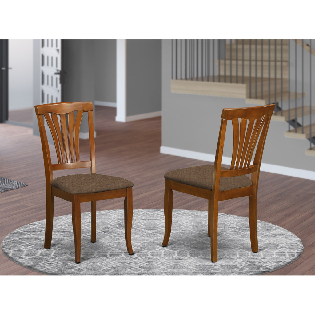 East West Furniture Avon Dining Linen Fabric Upholstered Solid Wood Chairs, Set of 2, Saddle Brown
