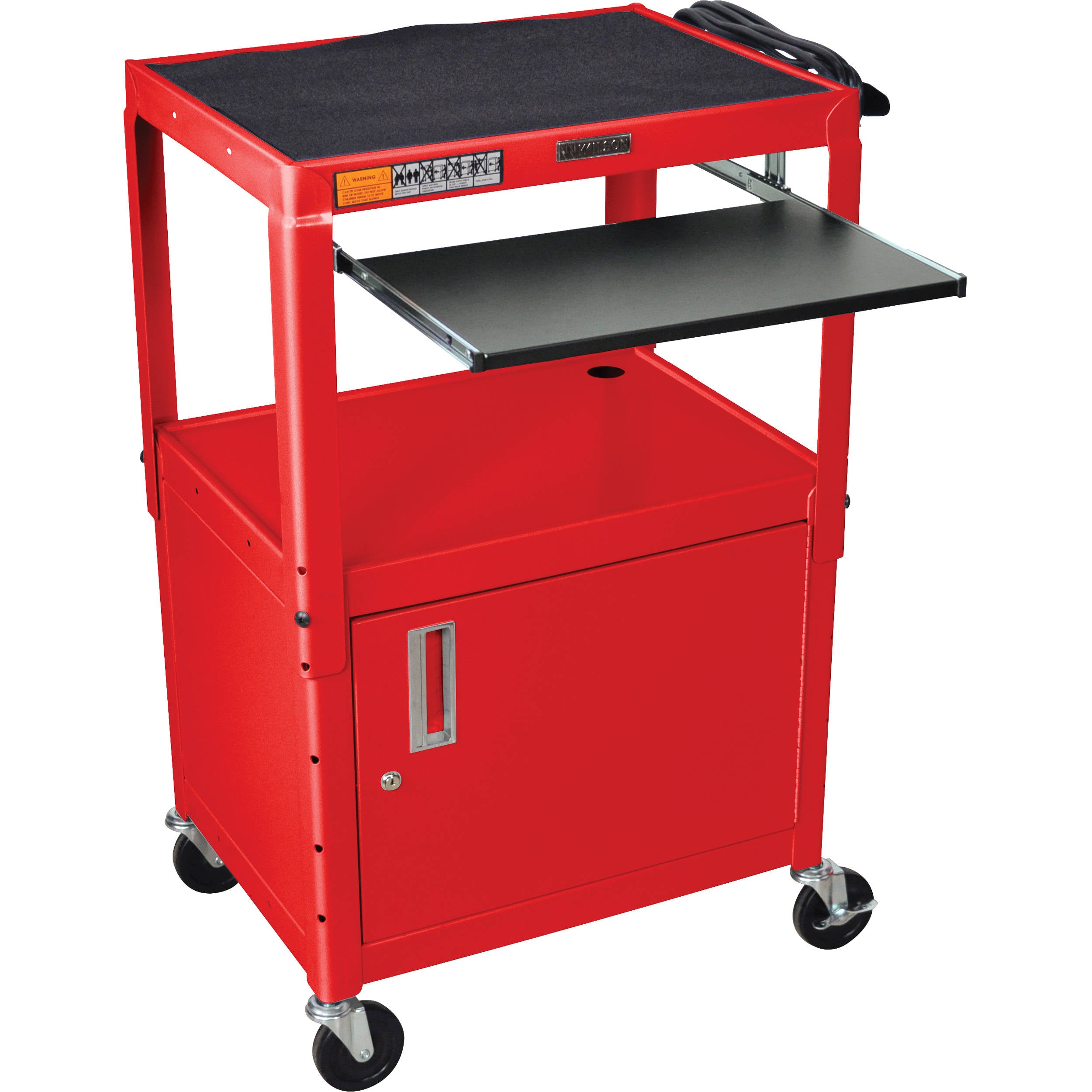 Luxor Adjustable Height Red Metal A/V Cart w/ Pullout Keyboard Tray and Cabinet