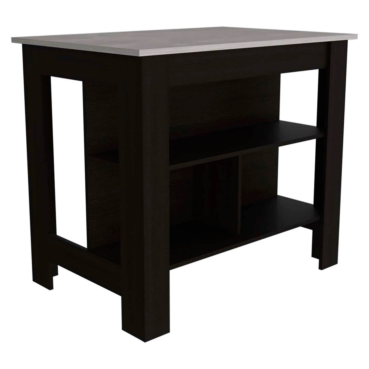 TUHOME Cala Kitchen Island , Four Legs, Three Shelves, Countertop Table, Black/Ibiza Marble, For Kitchen Room