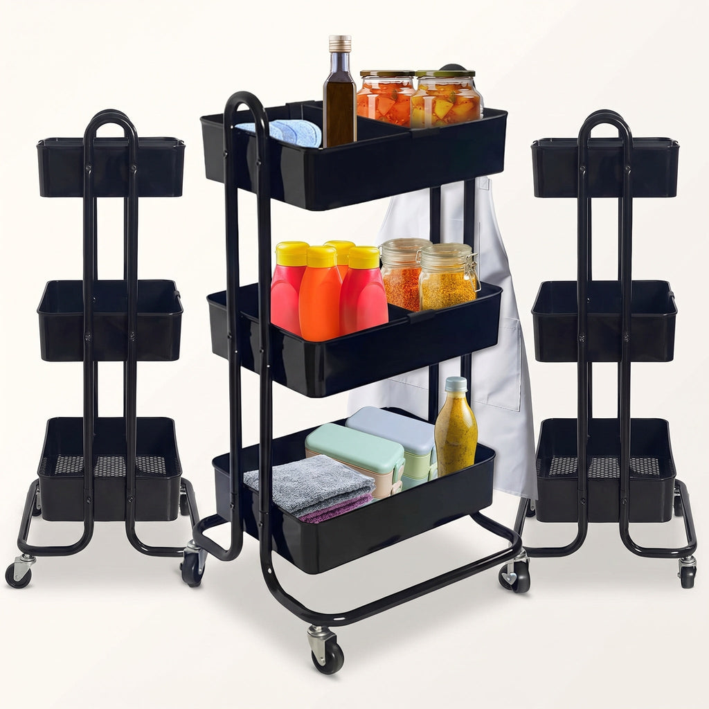 3-Tier Rolling Storage Cart with Baskets, Dividers & Locking Casters, Black Metal