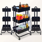 3-Tier Rolling Storage Cart with Baskets, Dividers & Locking Casters, Black Metal