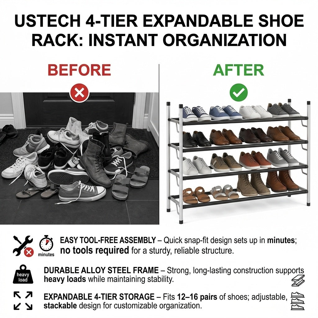 4-Tier Adjustable Shoe Rack, Slide-n-Adjust, Silver & Black Finish
