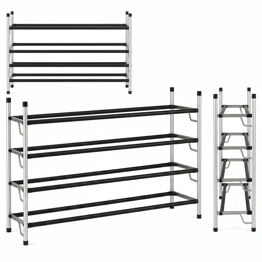 4-Tier Adjustable Shoe Rack, Slide-n-Adjust, Silver & Black Finish