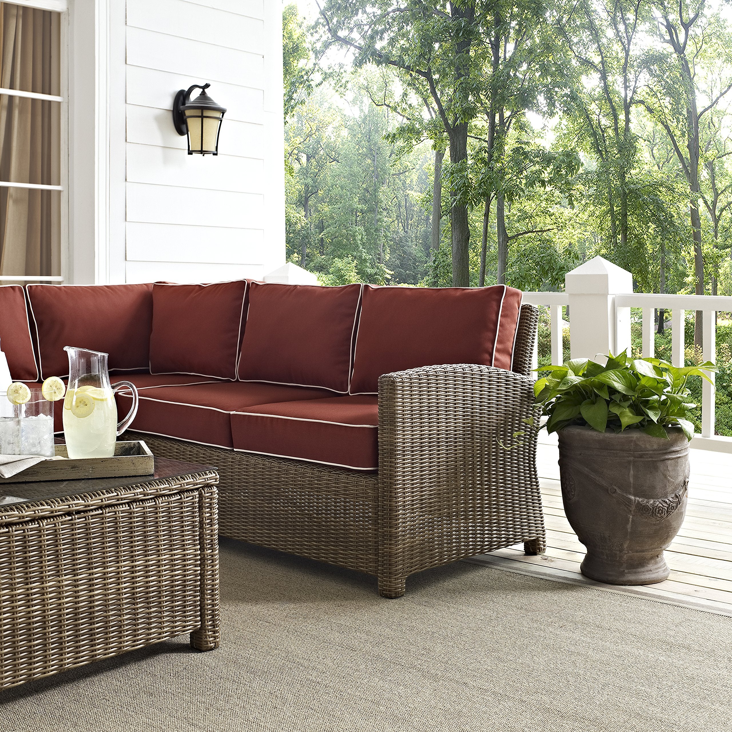 Crosley Furniture Bradenton 5-Piece Outdoor Sectional Sofa Wicker Conversation Patio Furniture Set for Deck, Brown with Sangria Cushions