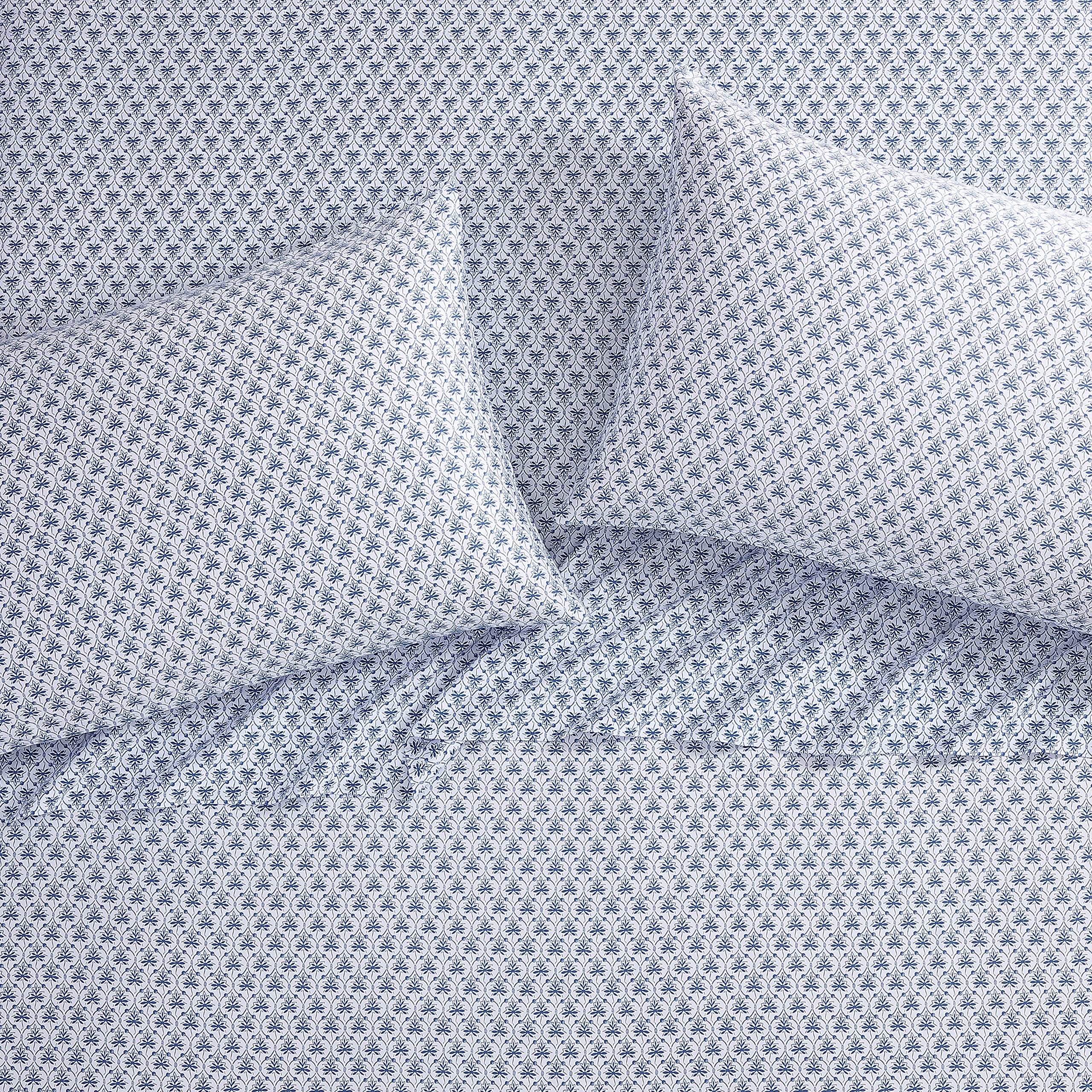 Laura Ashley Home Queen Sheet Set, Soft Sateen Cotton Bedding Set - Sleek, Smooth, & Breathable, Rosemarie Blue