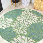 Jonathan Y Smb110D-5R Zinnia Modern Floral Textured Weave Indoor Outdoor Area Rug, Country Coastal Contemporary Easy Cleaning,Bedroom,Kitchen,Backyard,Patio,Non Shedding, Cream/Green, 5' Round
