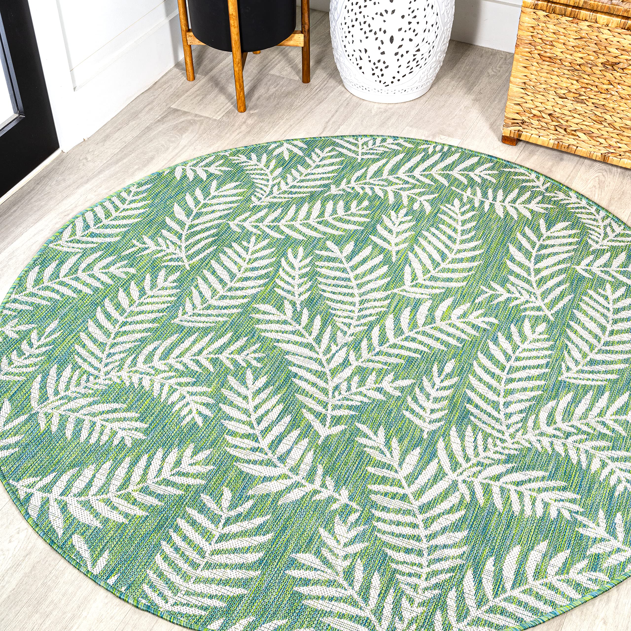 Jonathan Y Smb119G-5R Nevis Palm Frond Indoor Outdoor Area Rug, Coastal, Casual, Country Easy Cleaning,Bedroom,Kitchen,Backyard,Patio,Non Shedding, Cream/Green, 5' Round