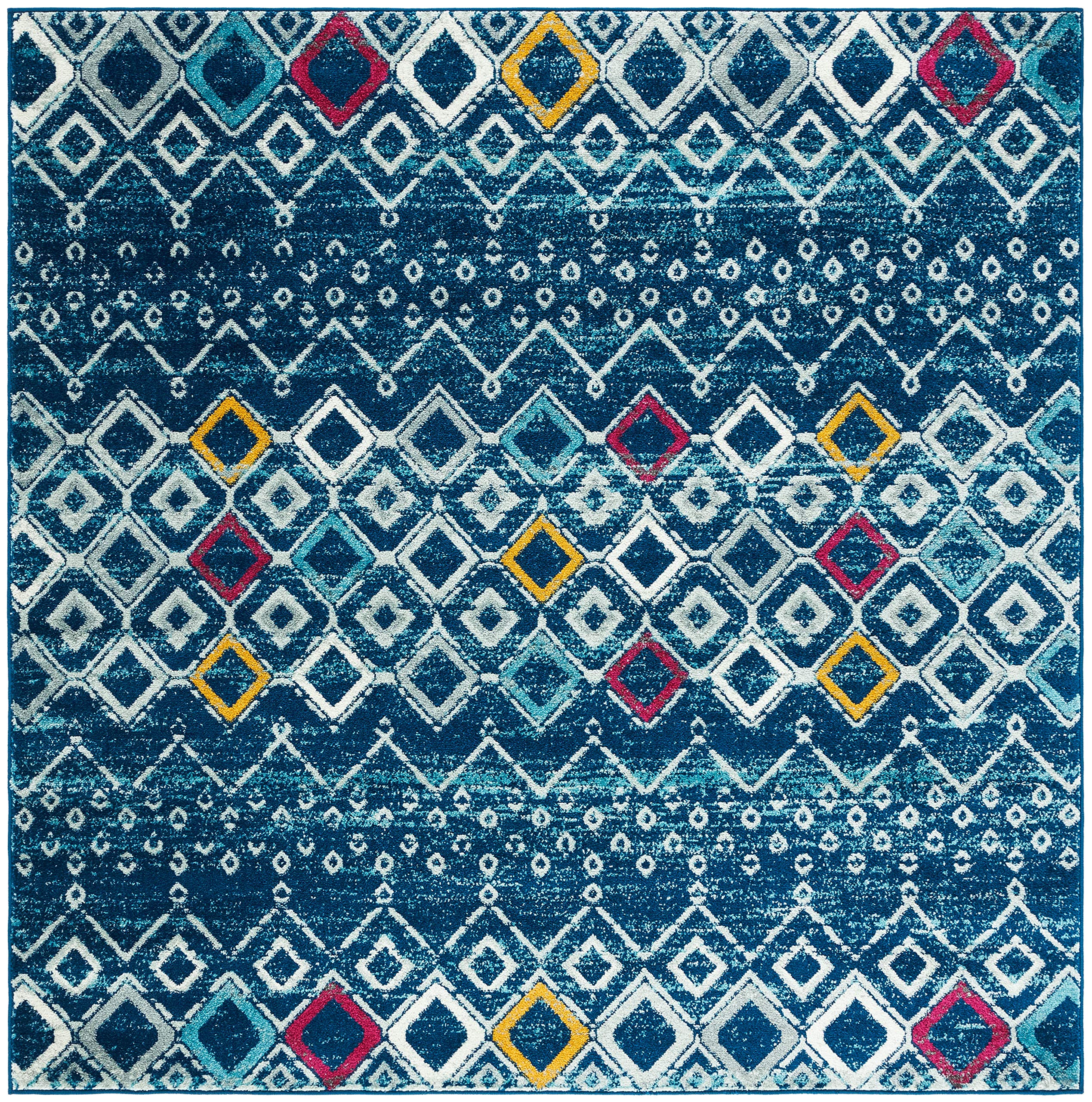 Safavieh Amsterdam Collection Area Rug - 6'7'' Square, Navy & Turquoise, Moroccan Boho Design, Non-Shedding & Easy Care, Ideal F