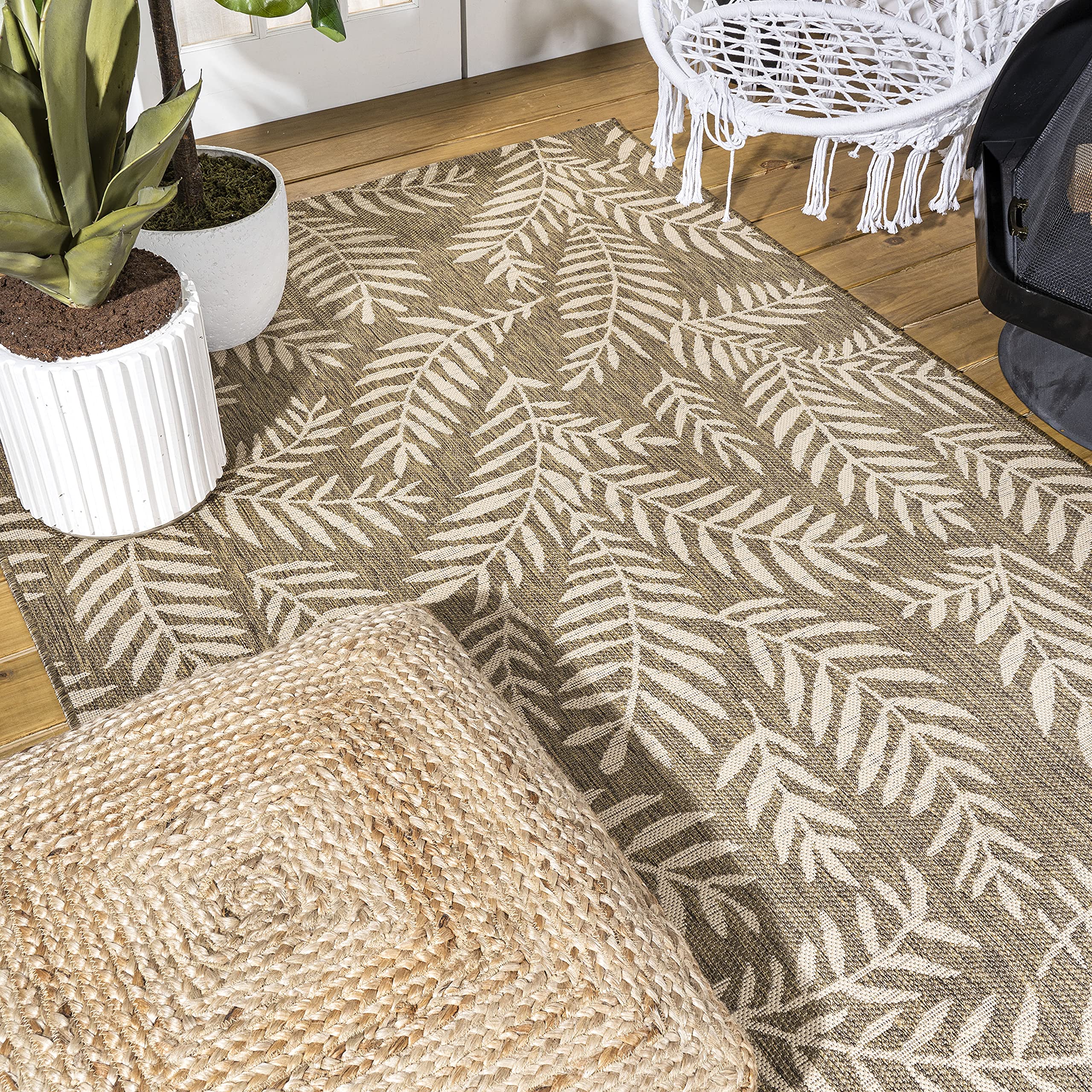 Jonathan Y Smb119A-3 Nevis Palm Frond Indoor Outdoor Area-Rug Coastal Floral Easy-Cleaning Bedroom Kitchen Backyard Patio Non Shedding, 3 X 5, Brown/Beige
