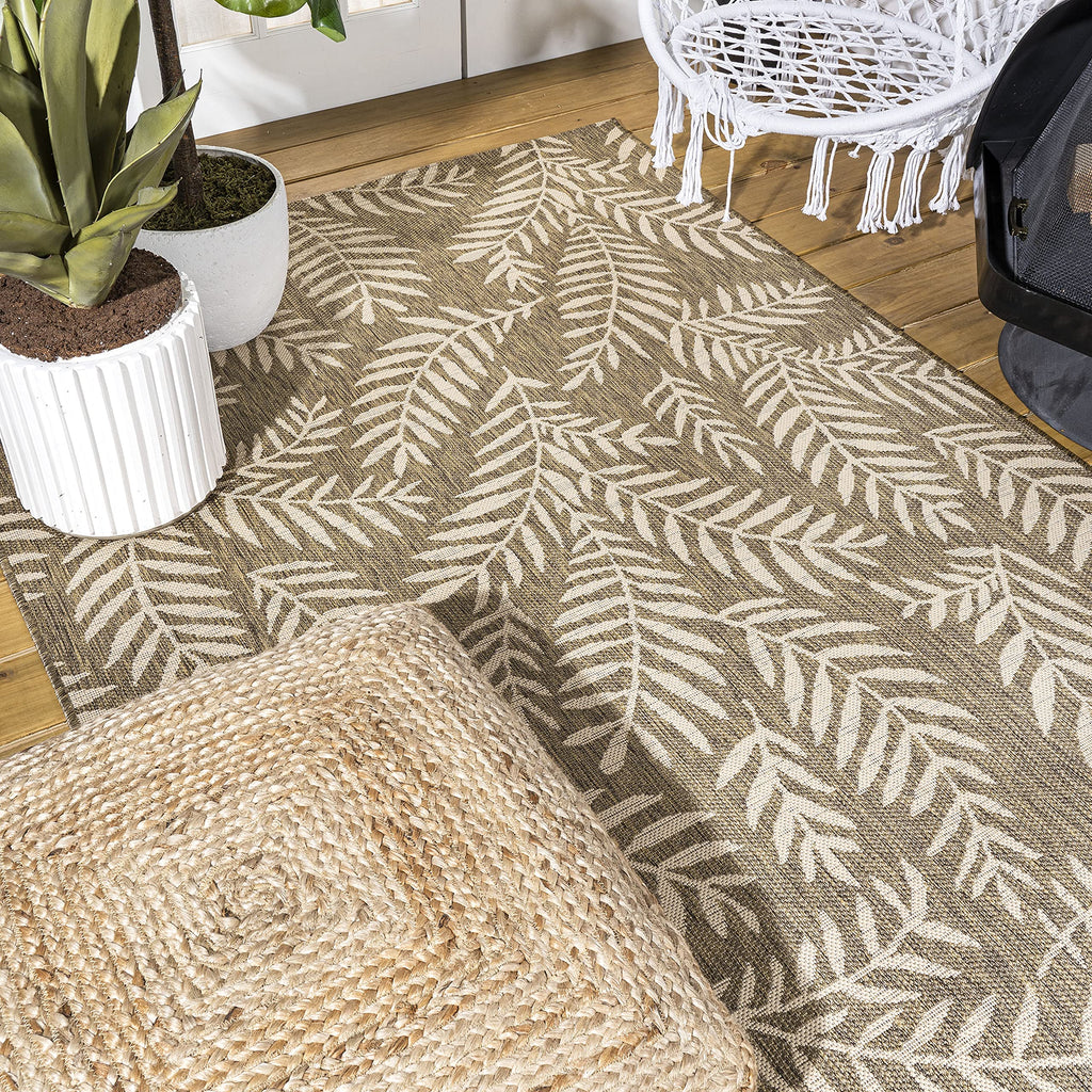 Jonathan Y Smb119A-9 Nevis Palm Frond Indoor Outdoor Area-Rug Coastal Floral Easy-Cleaning Bedroom Kitchen Backyard Patio Non Shedding, 9 X 12, Brown/Beige