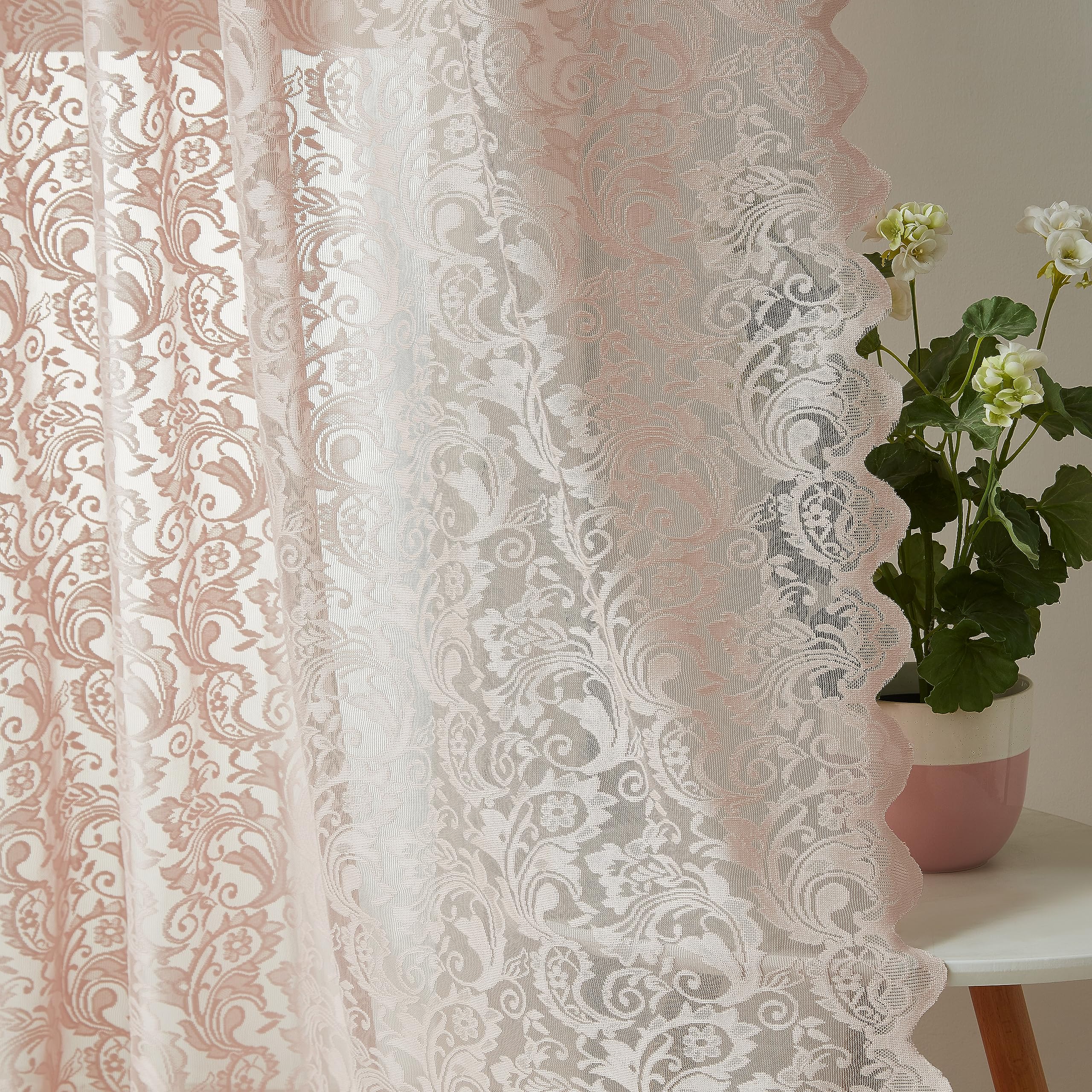 Bujasso Pink Lace Sheer Curtains 84 Inch Vintage Floral Sheer Window Curtain Panels For Living Room Girls Bedroom Romantic Light