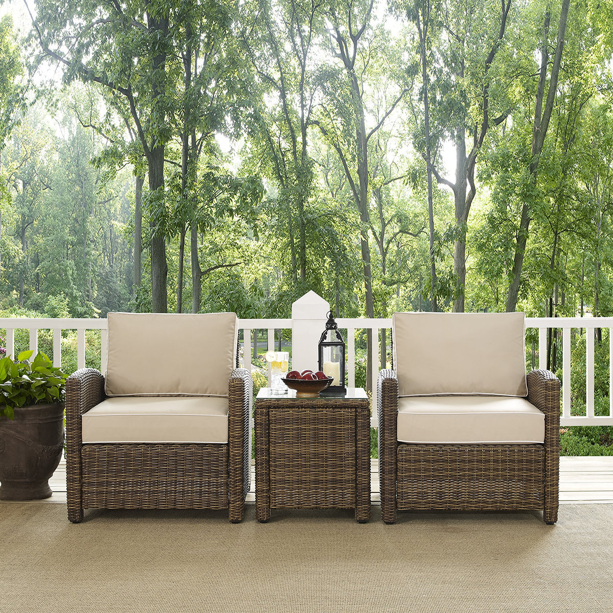 Crosley Furniture KO70052WB-SA Bradenton Outdoor Wicker 3-Piece Seating Set (2 Arm Chairs, Side Table), Weathered Brown with Sand Cushions