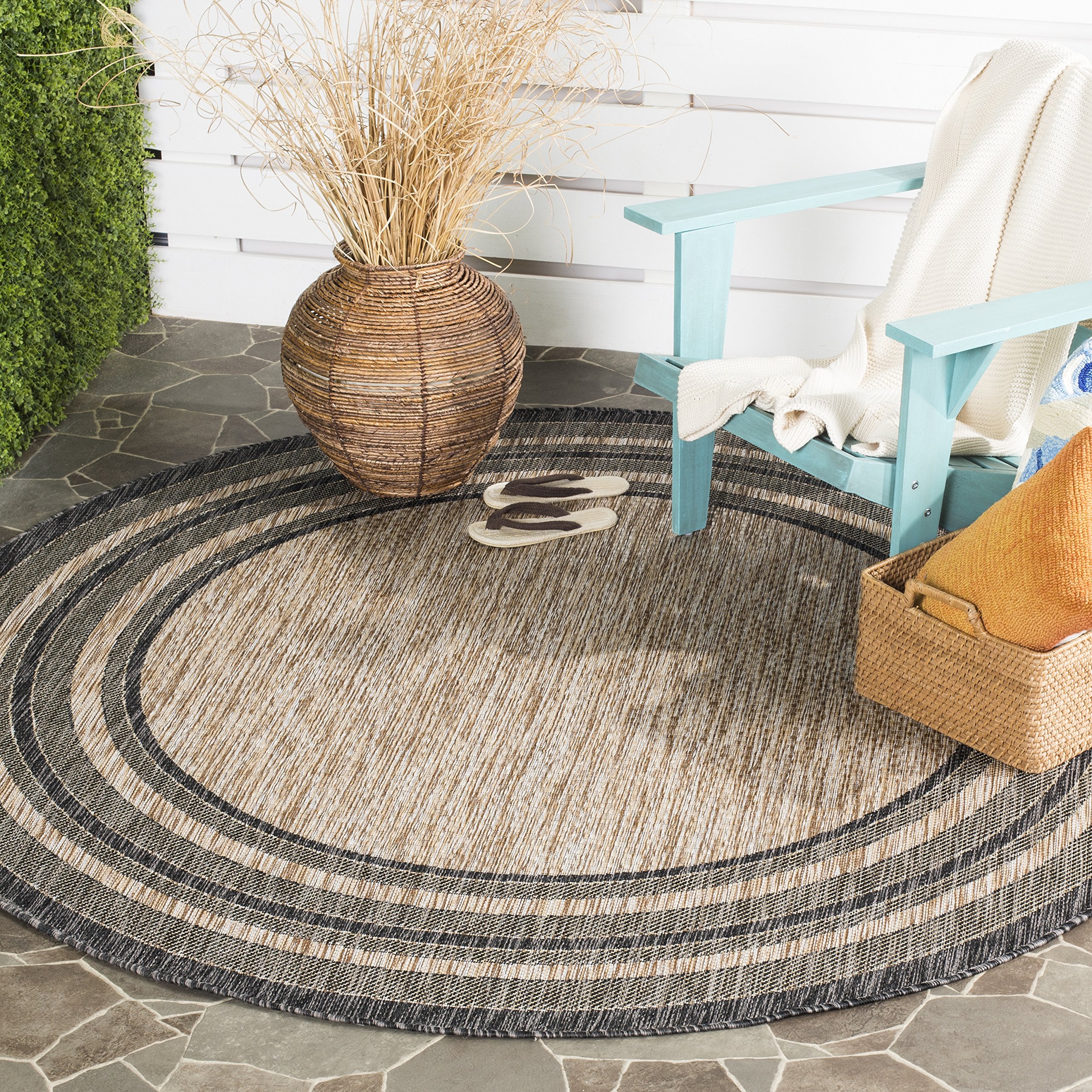 Safavieh Courtyard Collection 4' Round Natural / Black Cy8475 Indoor/ Outdoor Patio Backyard Mudroom Area Rug
