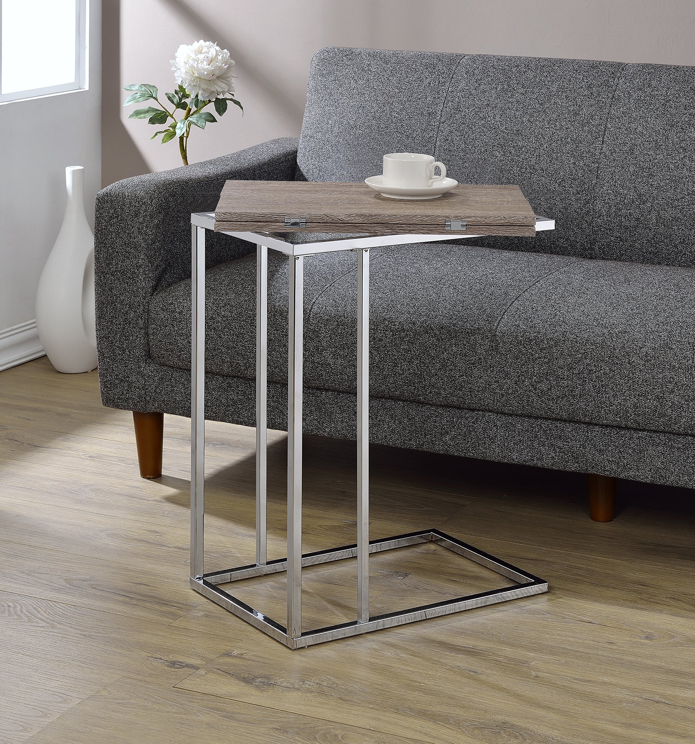 Acme Denson Rectangular Swivel Wooden Top End Table In Gray Oak And Chrome